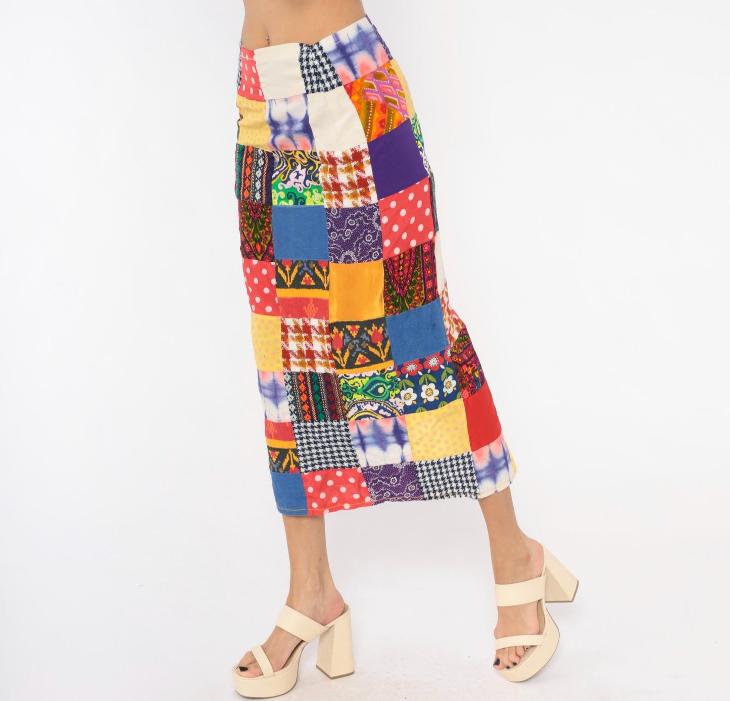 70s Patchwork Midi Skirt Quilted Multicolor High Waist Pencil Small