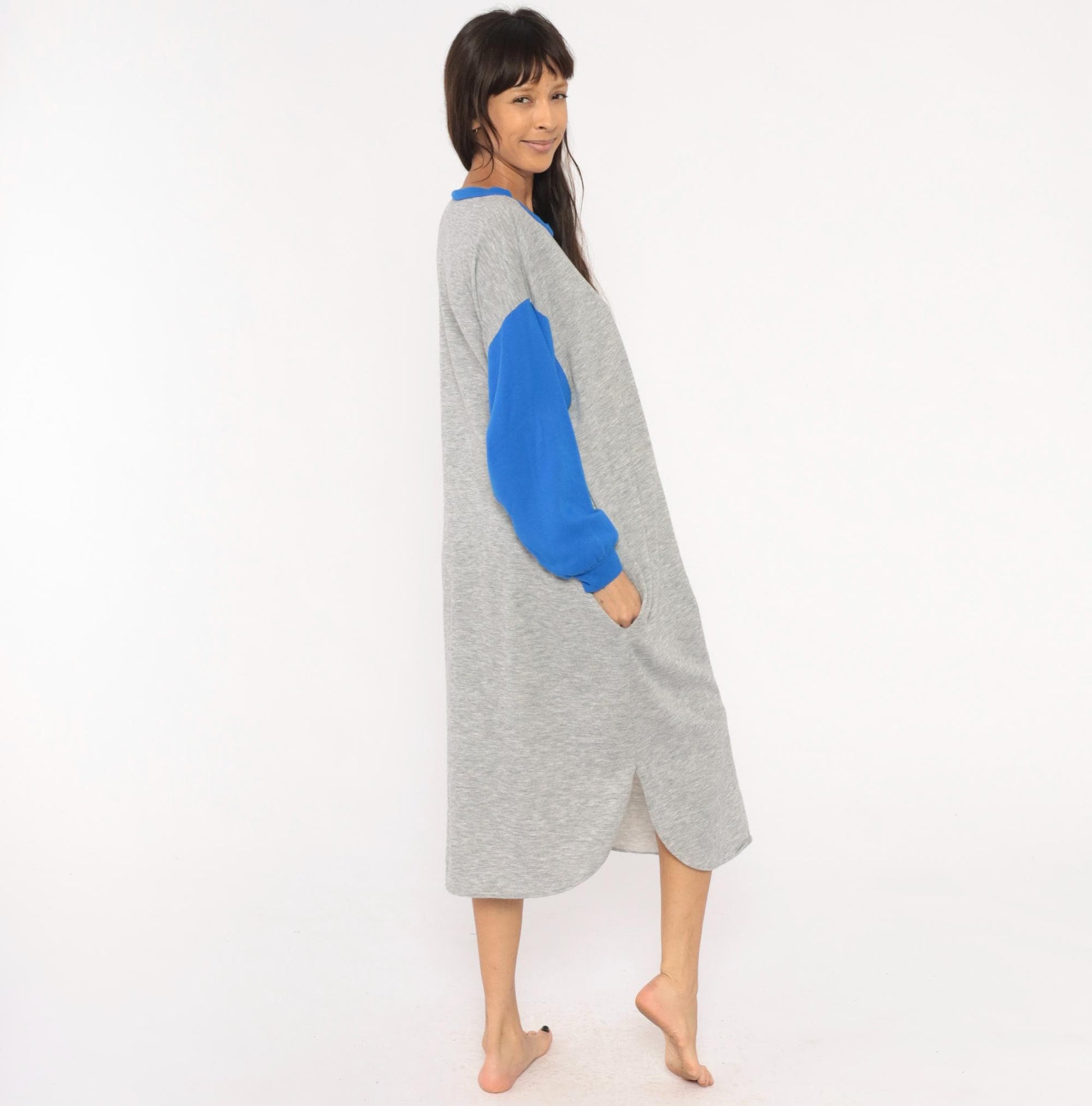 80s Kimberly Laine Bunny Applique Nightgown Grey Blue Colorblock Midi Large L