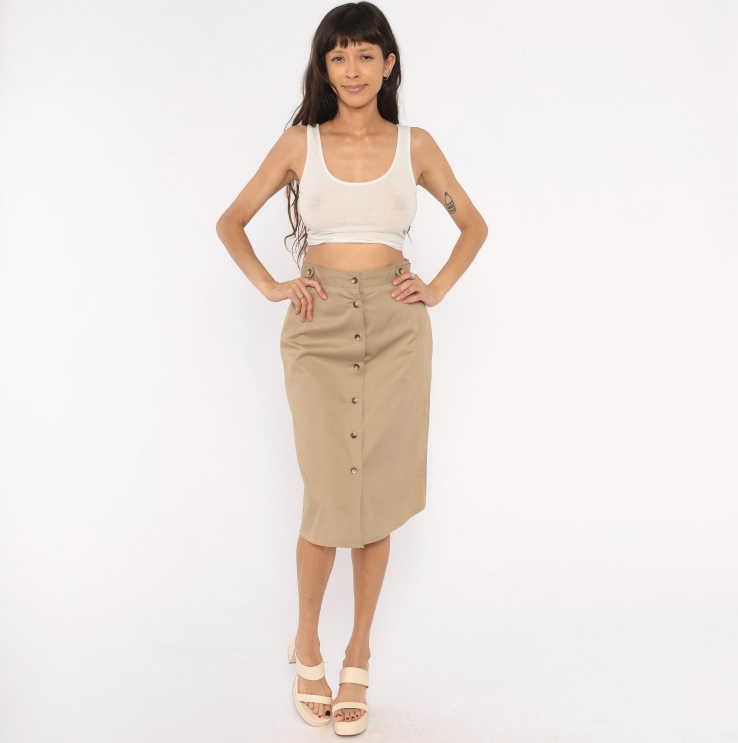 80s Bear It Khaki A-Line Midi Skirt Button Front Cotton Tan Small S