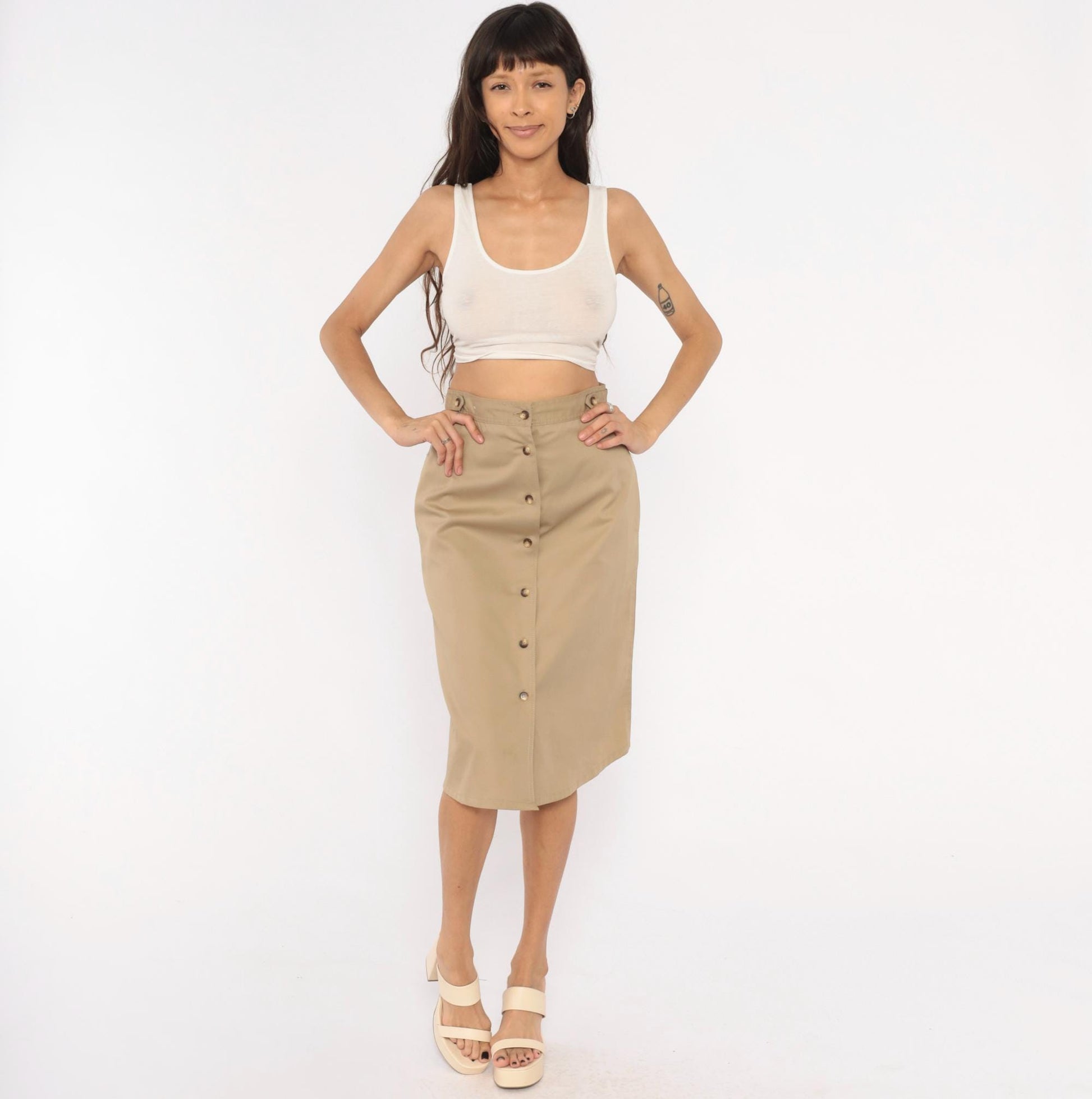 80s Bear It Khaki A-Line Midi Skirt Button Front Cotton Tan Small S