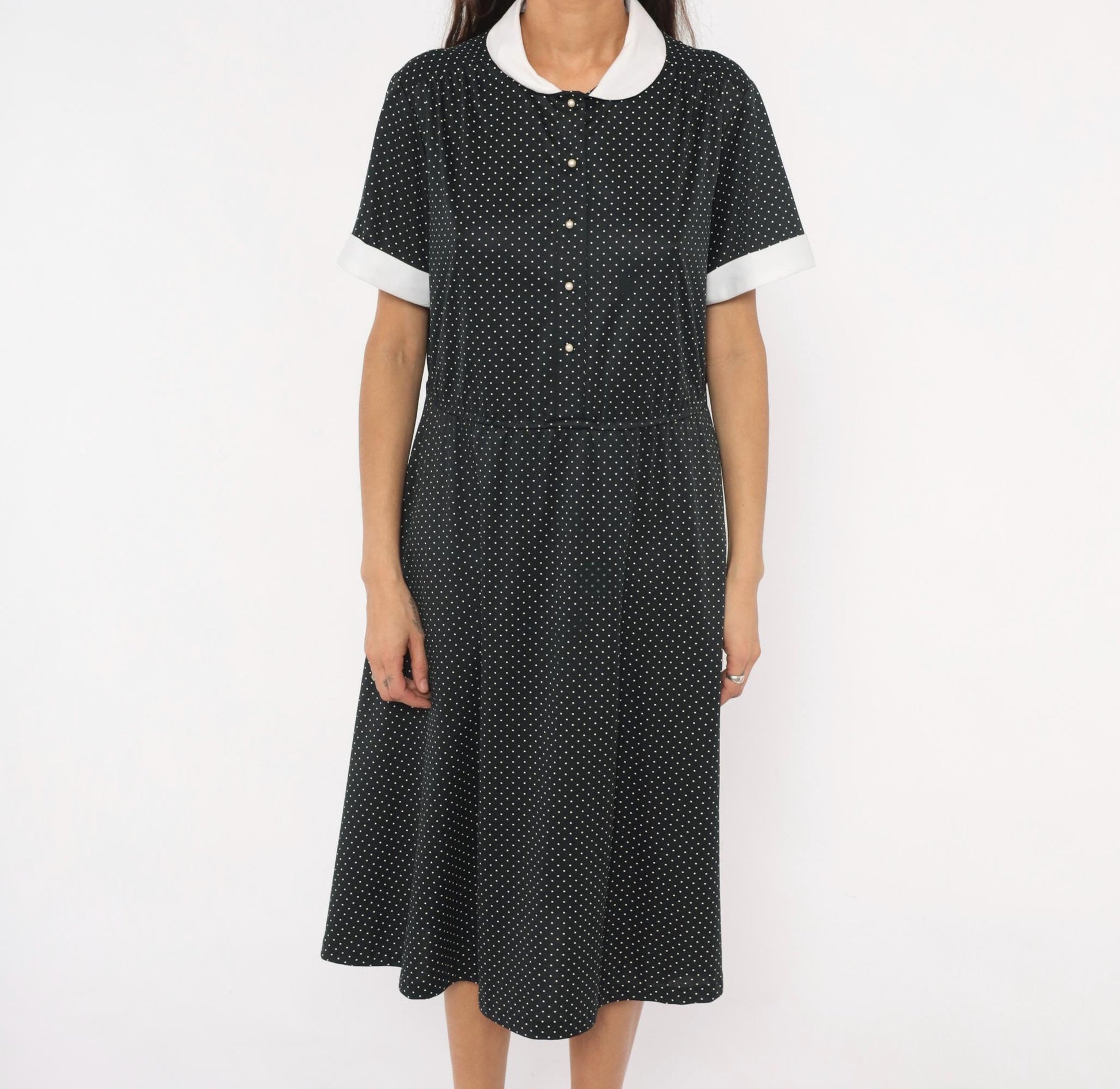 1970s Black White Polka Dot Peter Pan Collar Midi Dress Plus Size XL