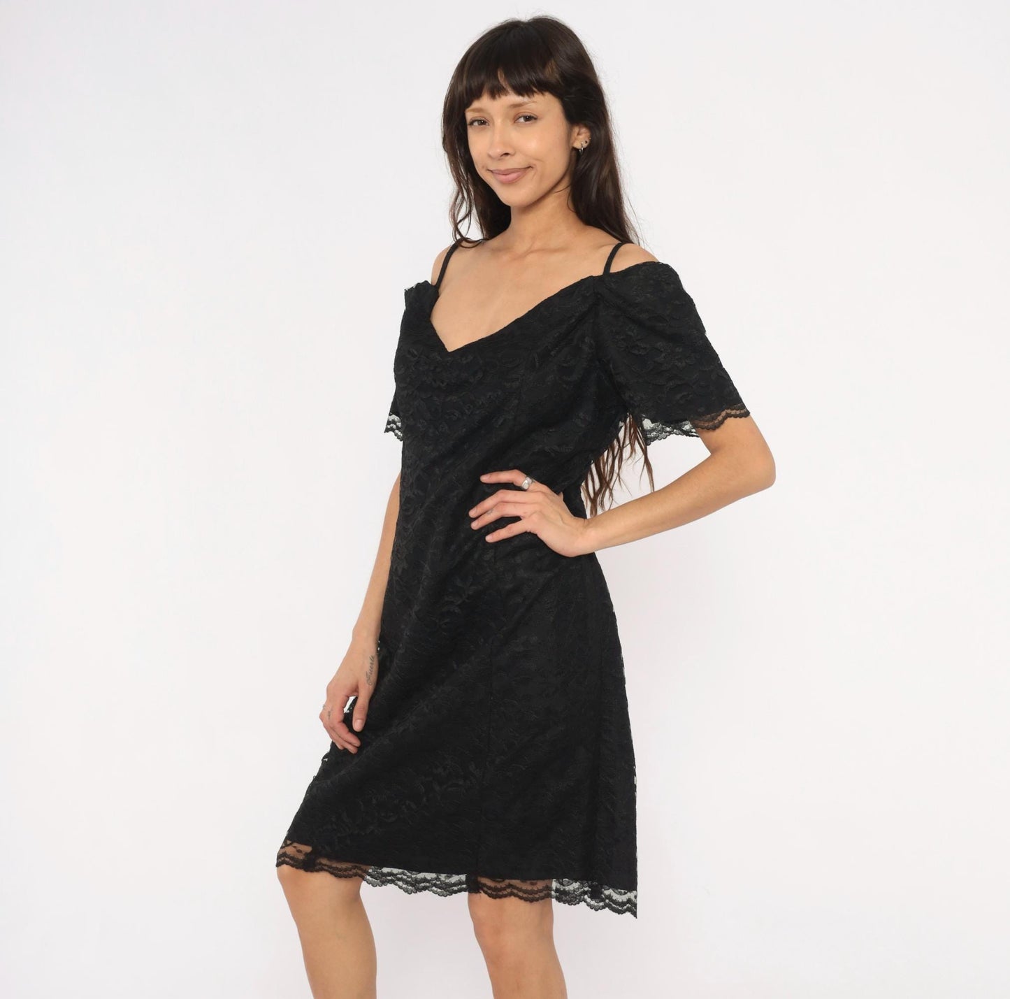 90s Victoria Stephens Black Lace Cold Shoulder Dress Knee Length Large L