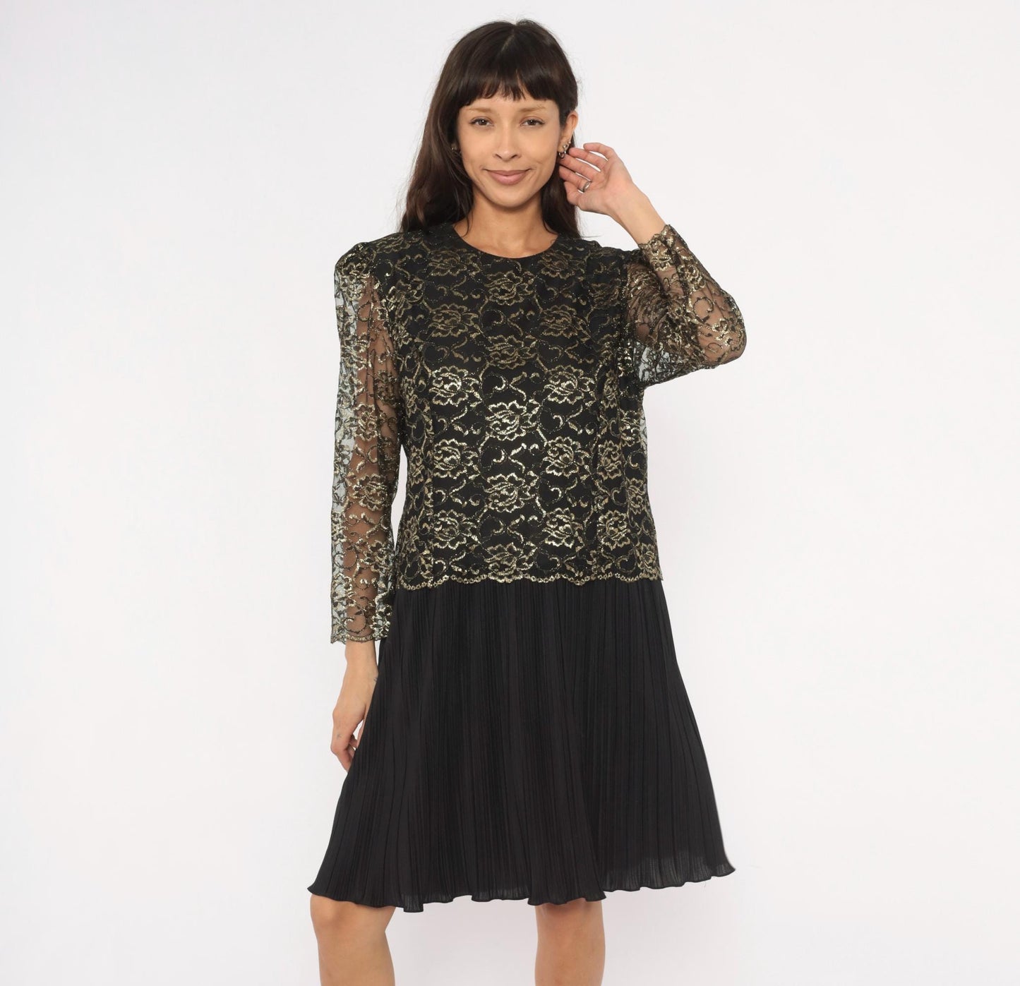 90s Good Times Black Gold Lace Overlay Dress Pleated Skirt Drop Waist Large L