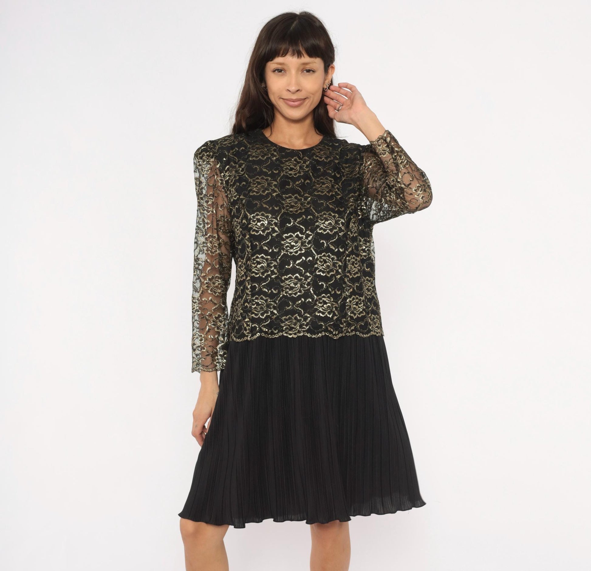90s Good Times Black Gold Lace Overlay Dress Pleated Skirt Drop Waist Large L