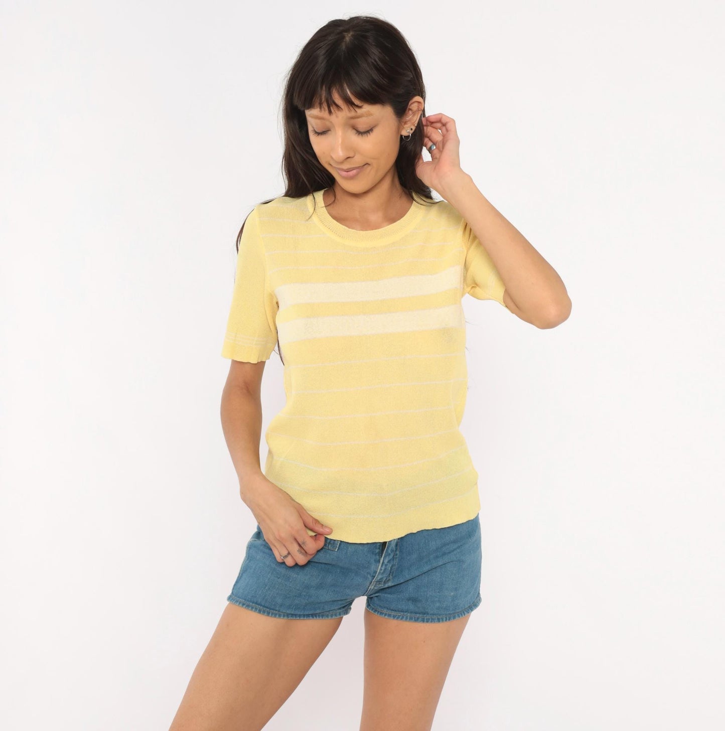 70s Ronfinne Striped Knit Top Yellow White Crew Neck Short Sleeve Small Medium