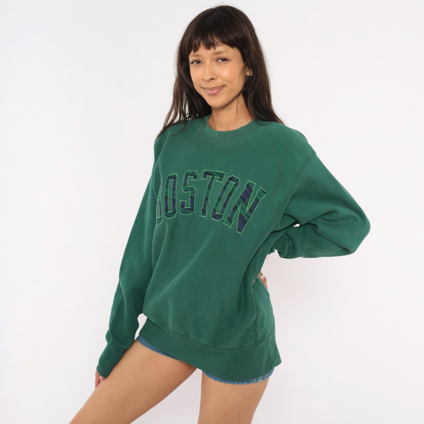 90s Boston Crewneck Sweatshirt Plaid Applique Forest Green Extra Large XL
