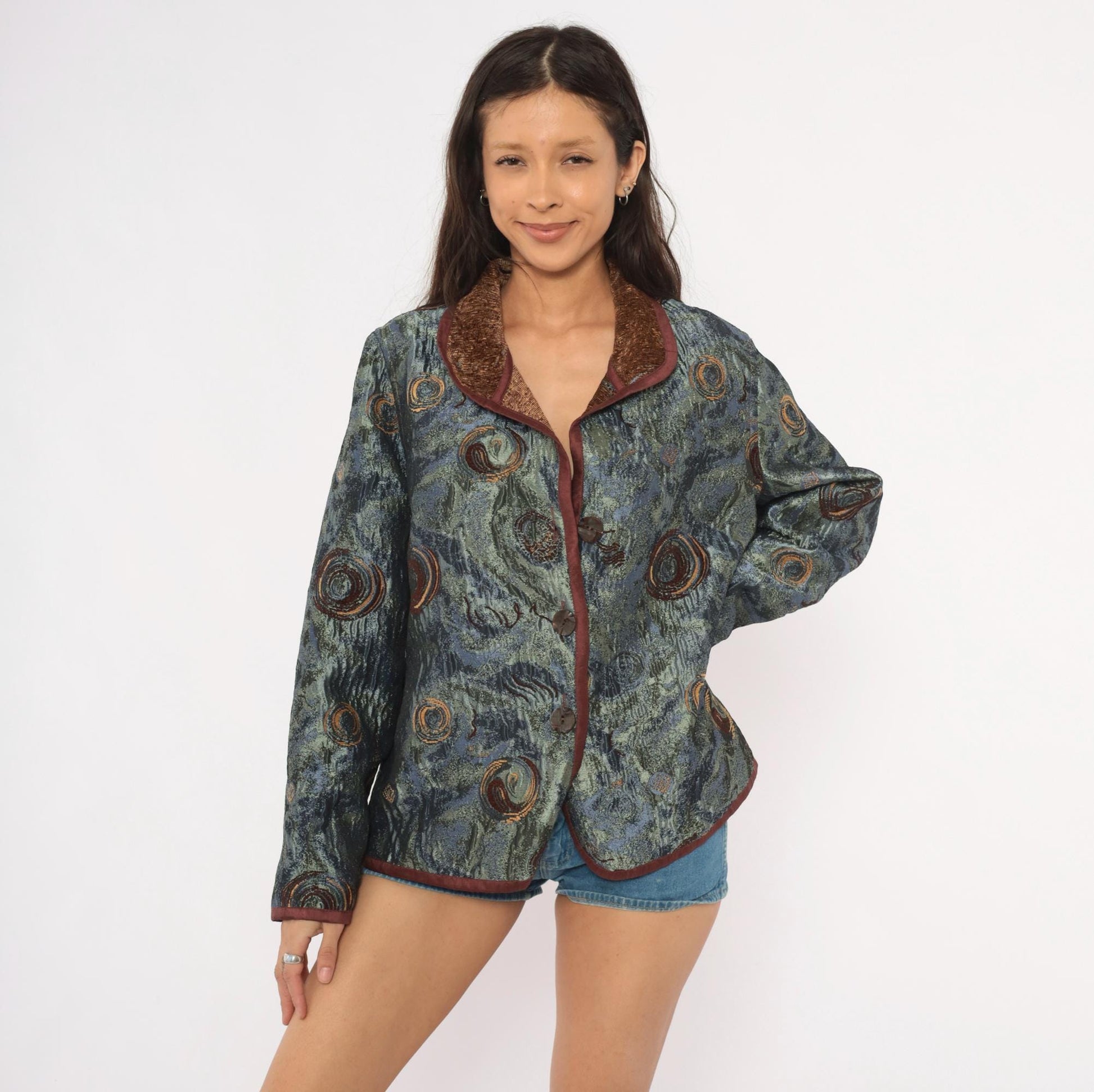 2000s Yak Magik Tapestry Blazer Woven Spiral Jacquard Blue Green Brown Extra Large XXL