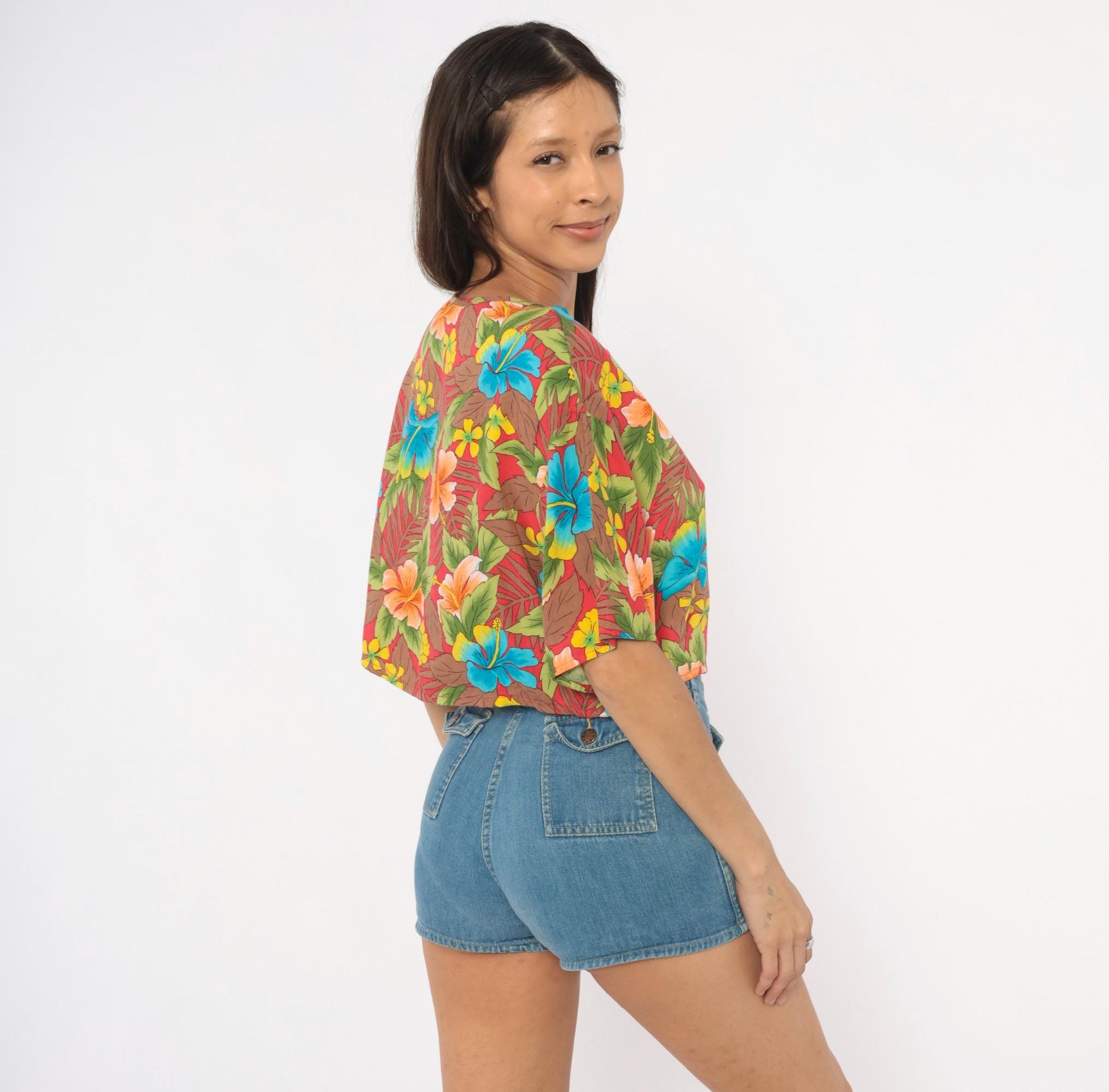 90s California Krush Tropical Hibiscus Crop Top Red Blue Green Medium M