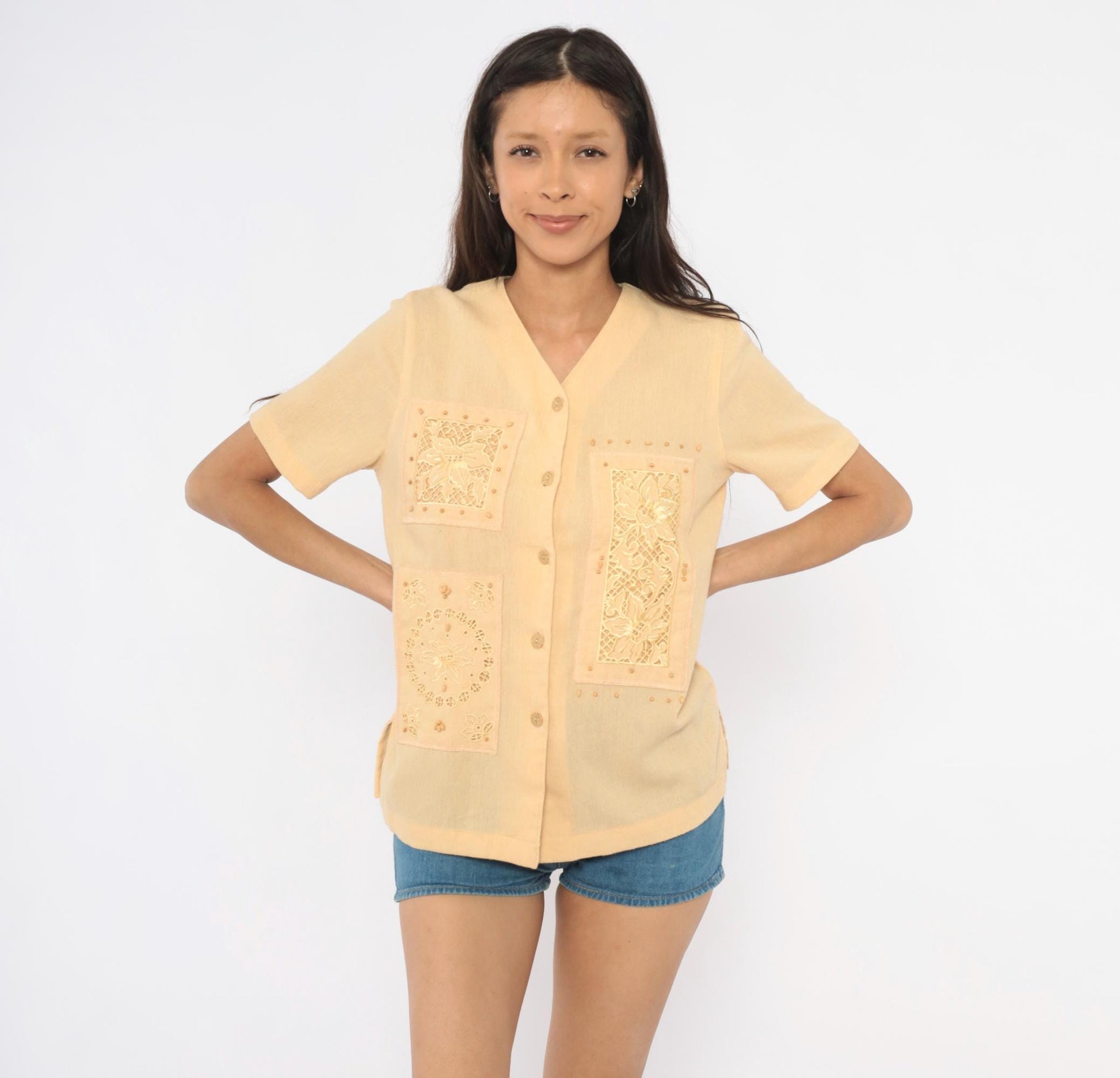 80s Alfred Dunner Cutwork Lace Blouse Cream Floral Embroidered Petite Small