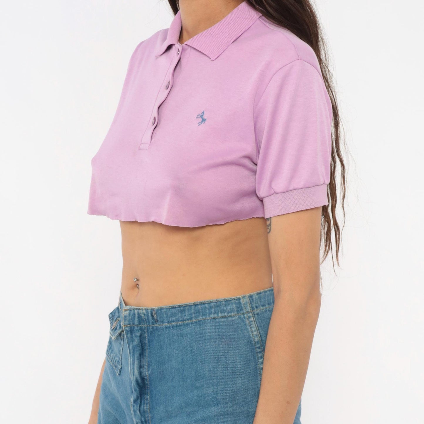 90s Lilac Cropped Polo Shirt Embroidered Horse Logo Cotton Small