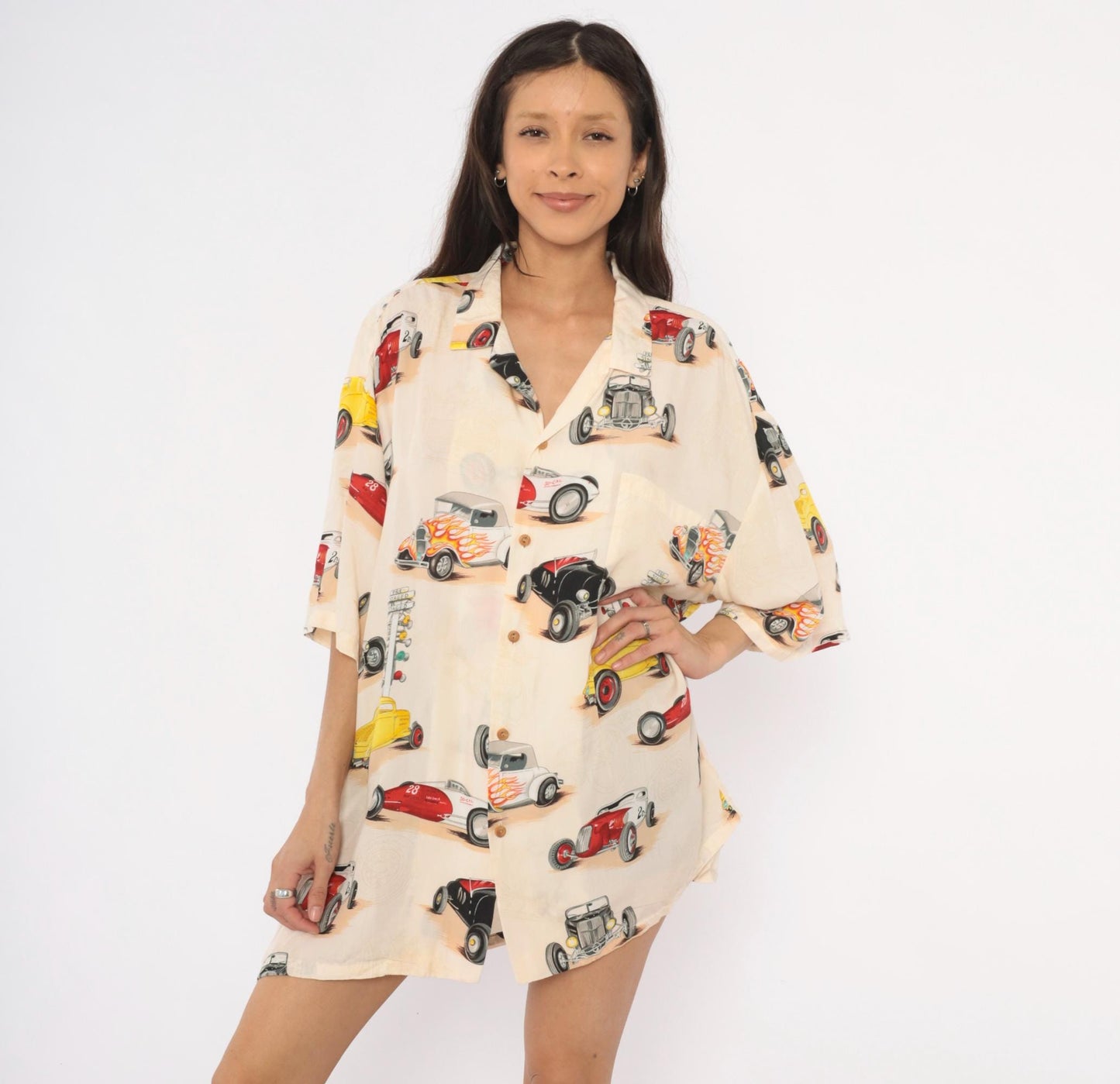 2000s Paradise Found Hot Rod Hawaiian Shirt Cream Flame Print Plus Size XXL