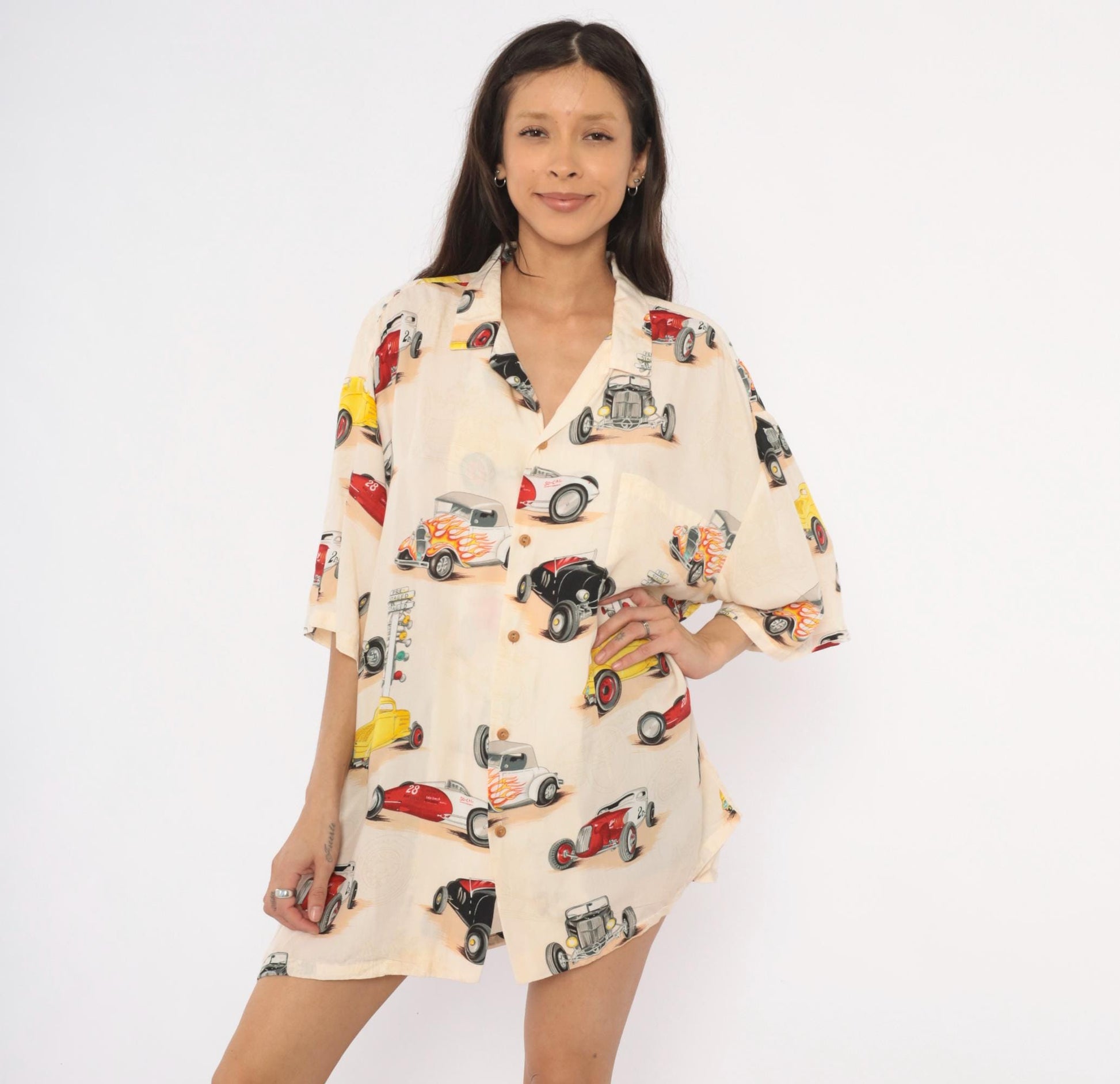 2000s Paradise Found Hot Rod Hawaiian Shirt Cream Flame Print Plus Size XXL