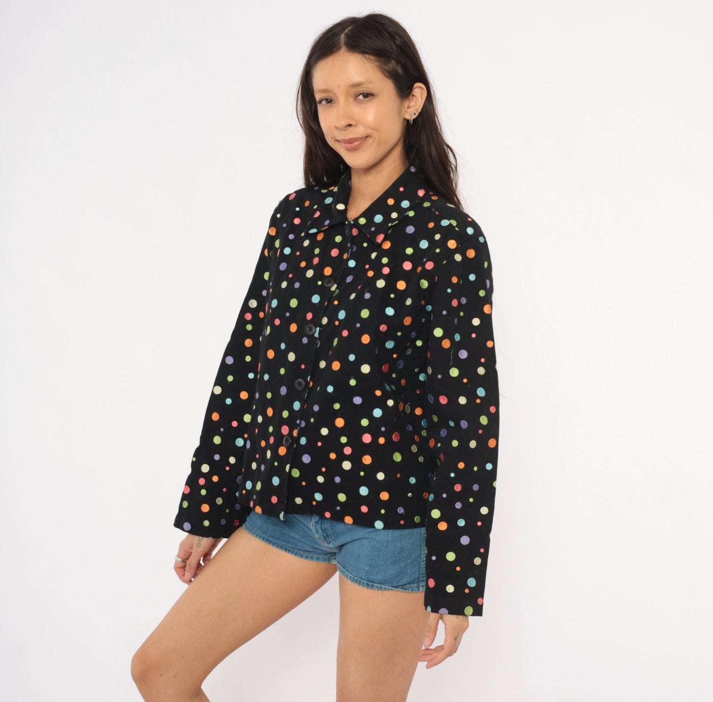 2000s Carrie Allen Polka Dot Cotton Jacket Black Multicolor Button Front Cropped Extra Large