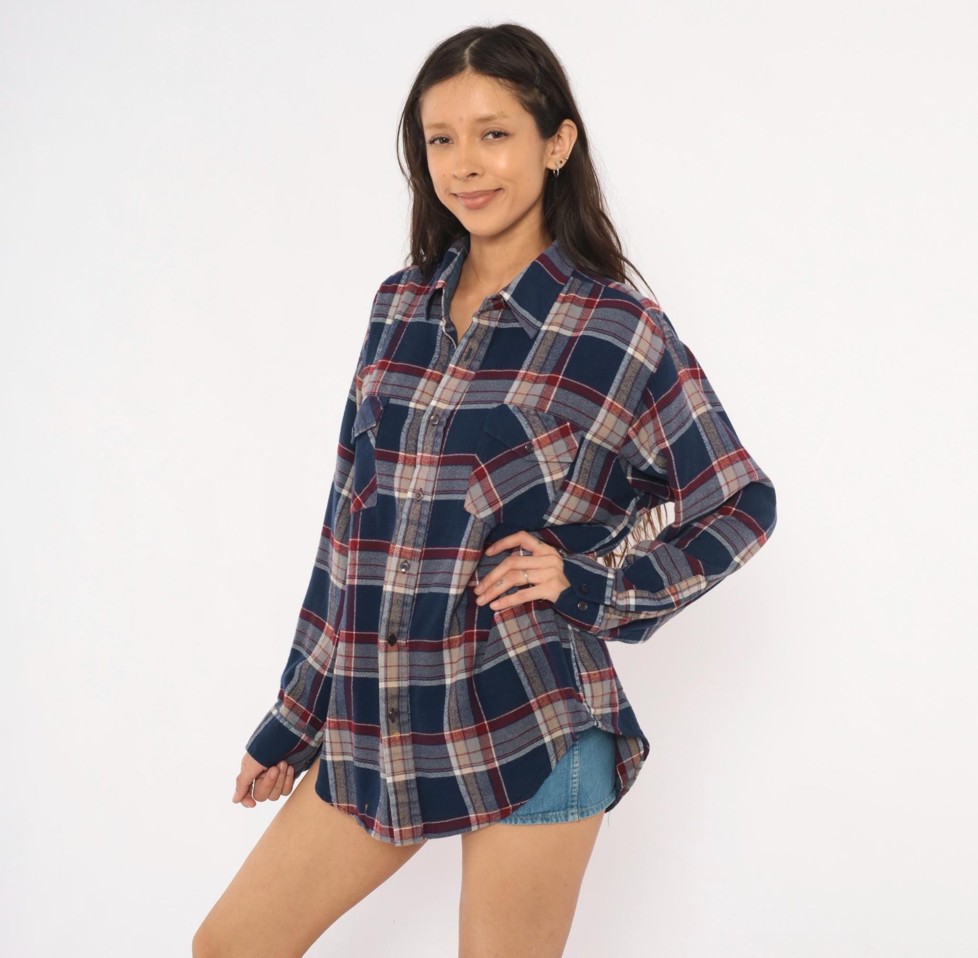 80s B.S.R. Navy Burgundy Plaid Flannel Shirt Point Collar Large L