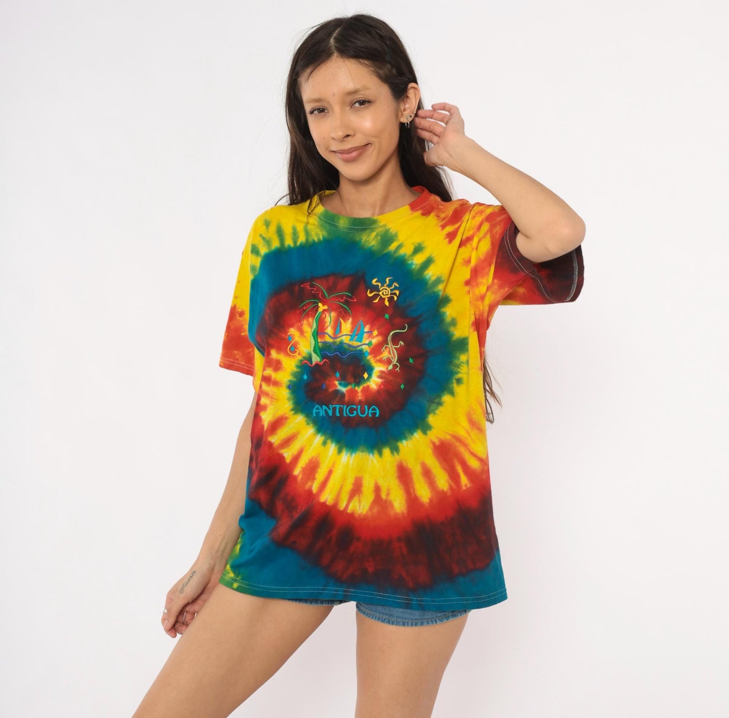 2000s Anvil Tie Dye Antigua Embroidered Tropical Tee Large L