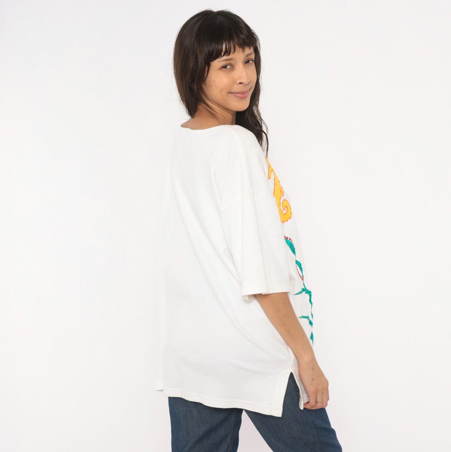 90s Extra-Touch Ocean Appliqué Tee Seahorse Starfish Rhinestone White XL