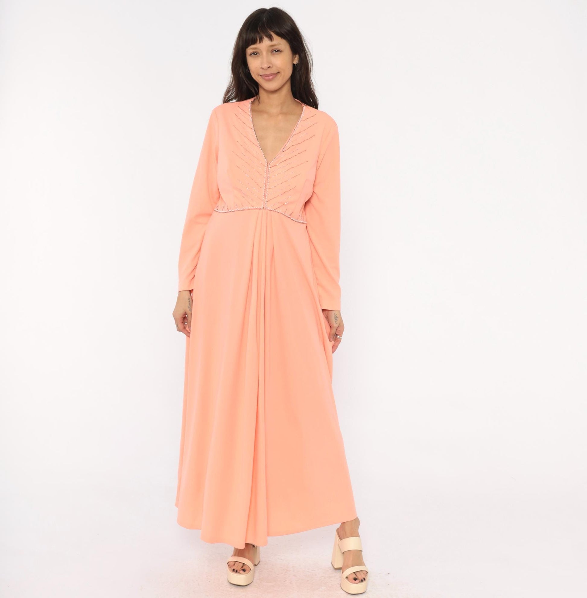70s Peach Maxi Dress Empire Waist V Neck Beaded Chevron Rhinestone Extra Large