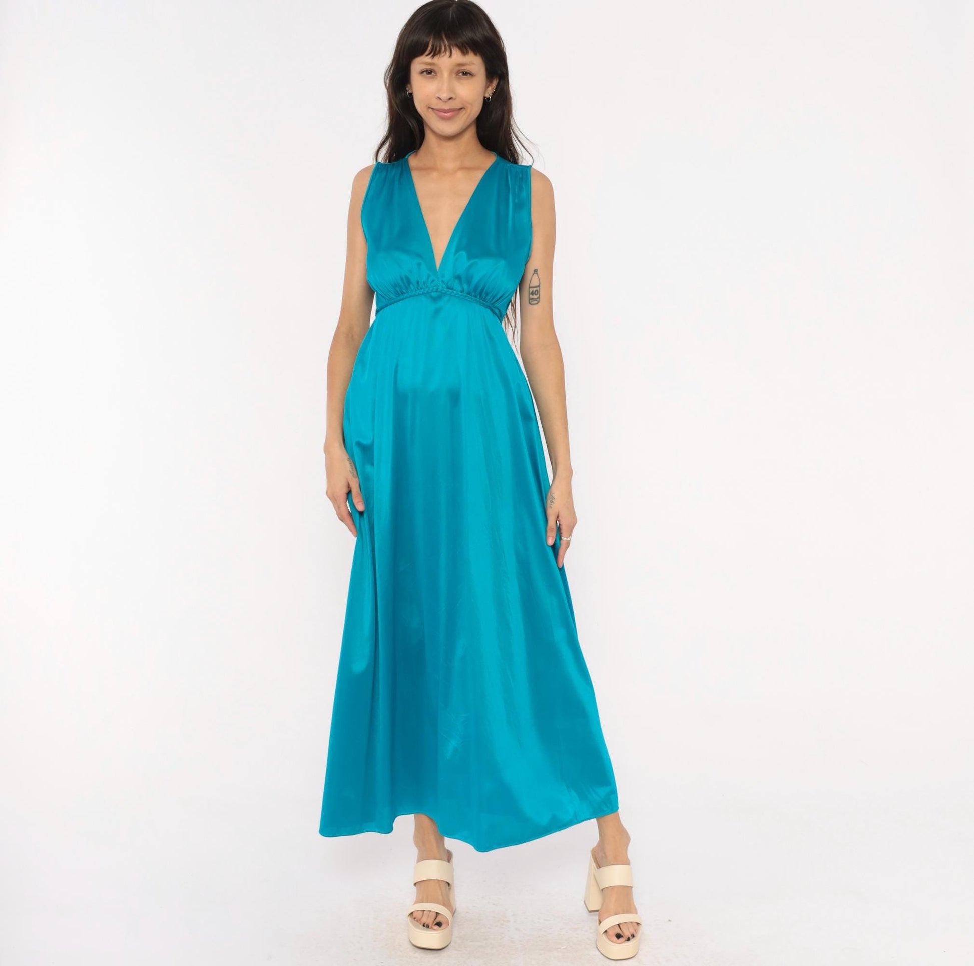 70s Teal Grecian Maxi Dress Deep V Neck Empire Waist Nylon Large L