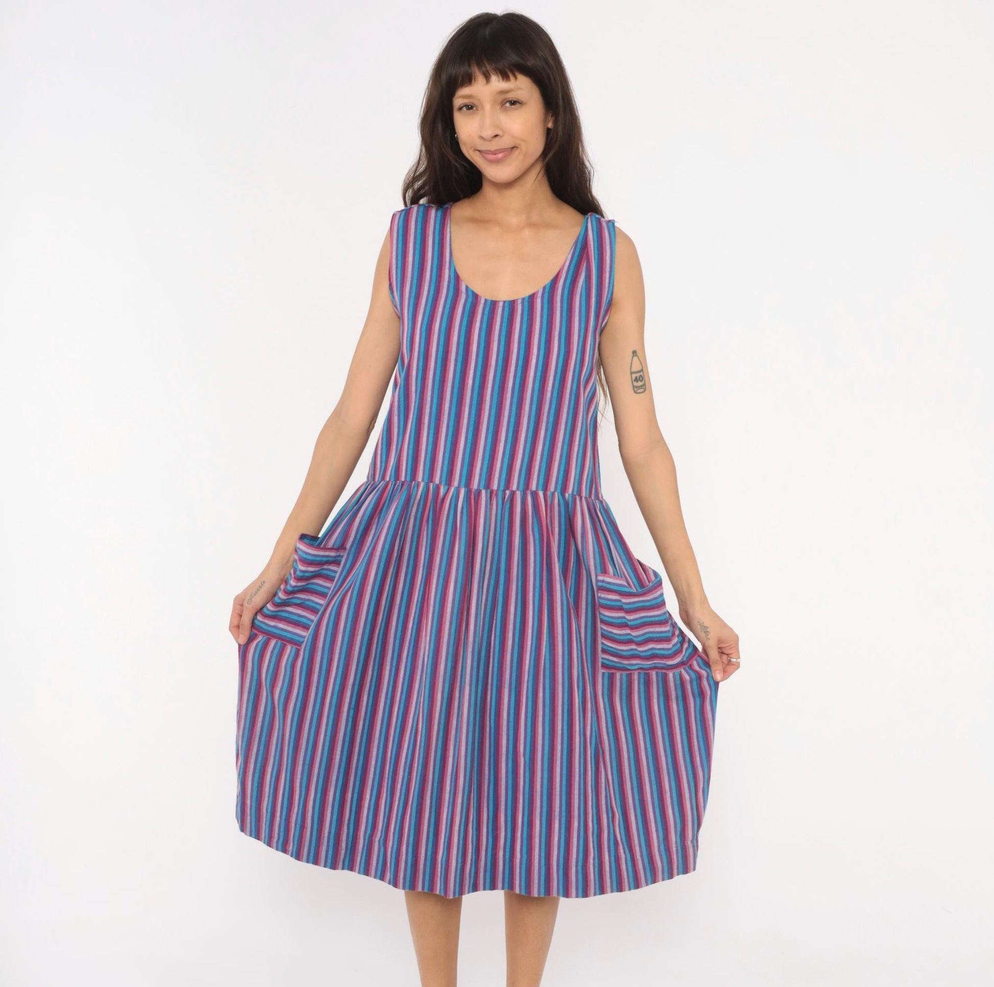 90s Quetzal Striped Cotton Midi Sundress Purple Cobalt Scoop Neck Small