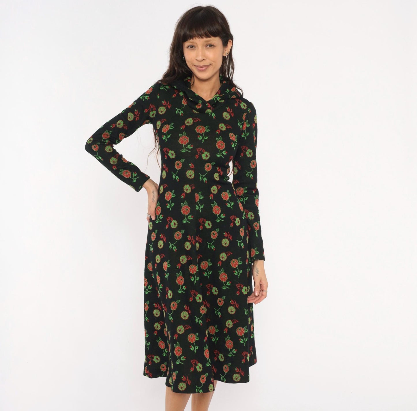 70s Black Hooded Midi Dress Red Rose Floral Print Long Sleeve Extra Small