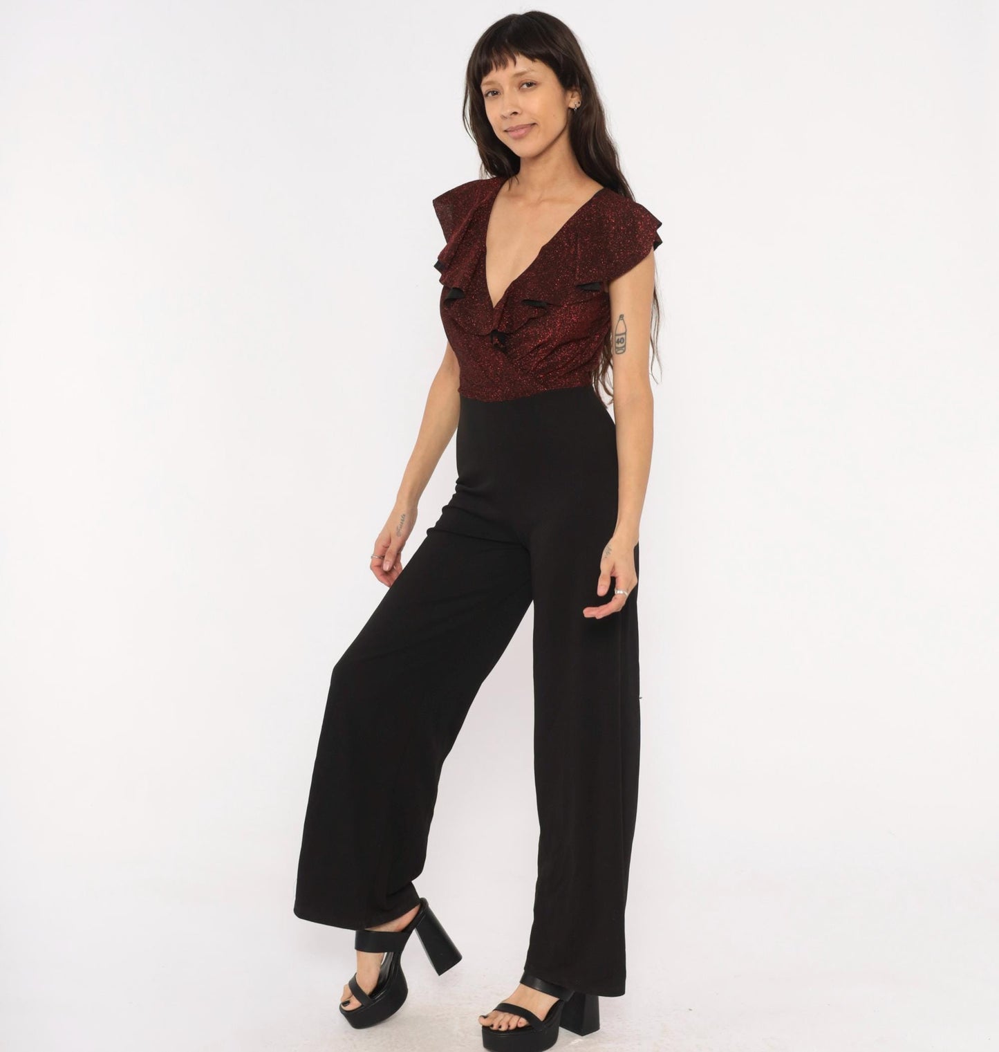 2000s Crece Jumpsuit Black Burgundy Glitter Ruffle Deep V Wide Leg Medium M