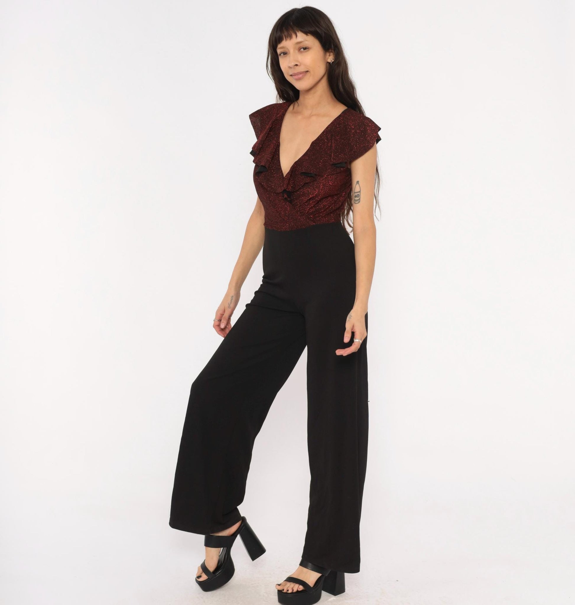 2000s Crece Jumpsuit Black Burgundy Glitter Ruffle Deep V Wide Leg Medium M
