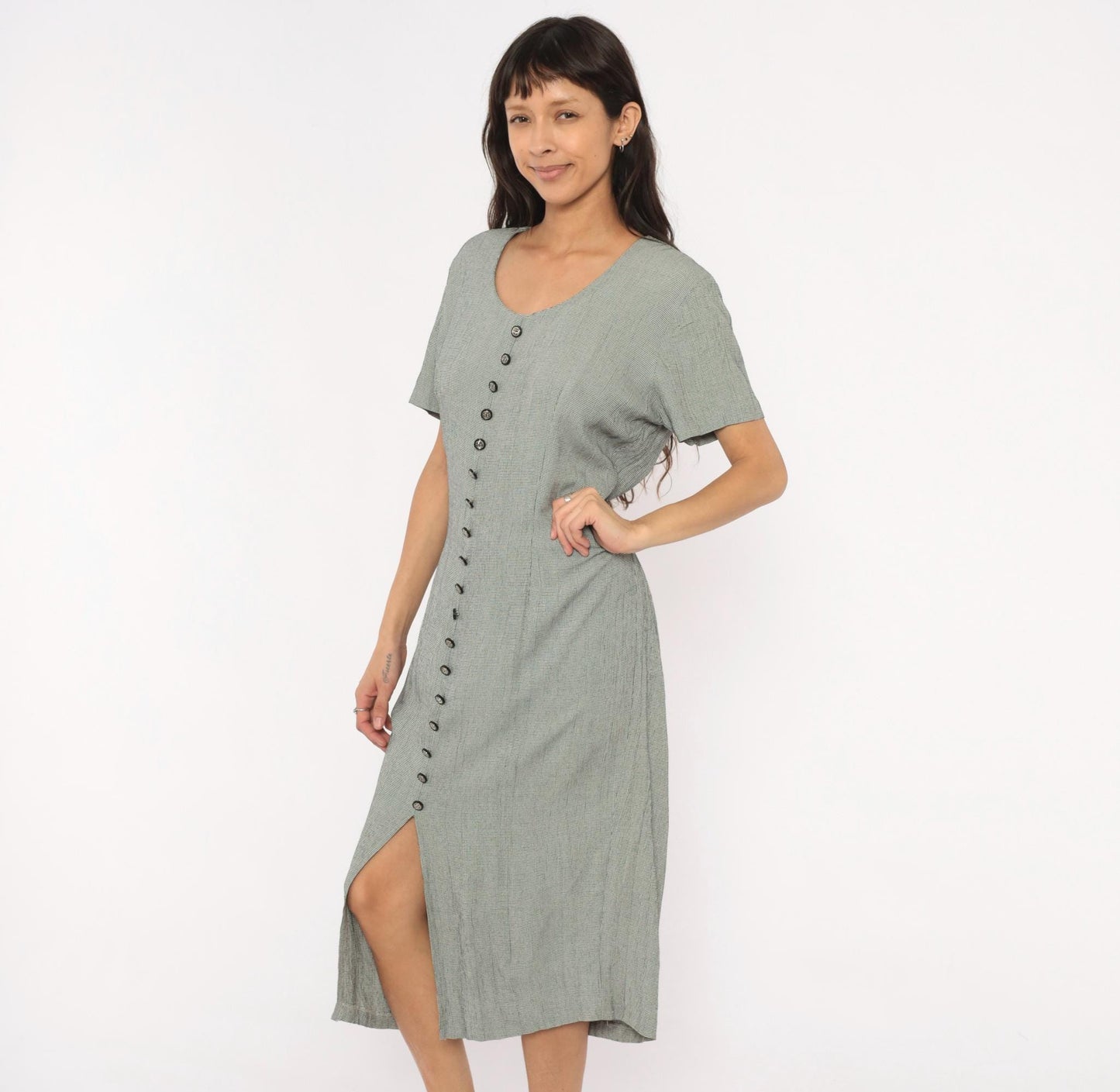 90s Miss Scarlett Houndstooth Midi Dress Button Front Scoop Neck Large L