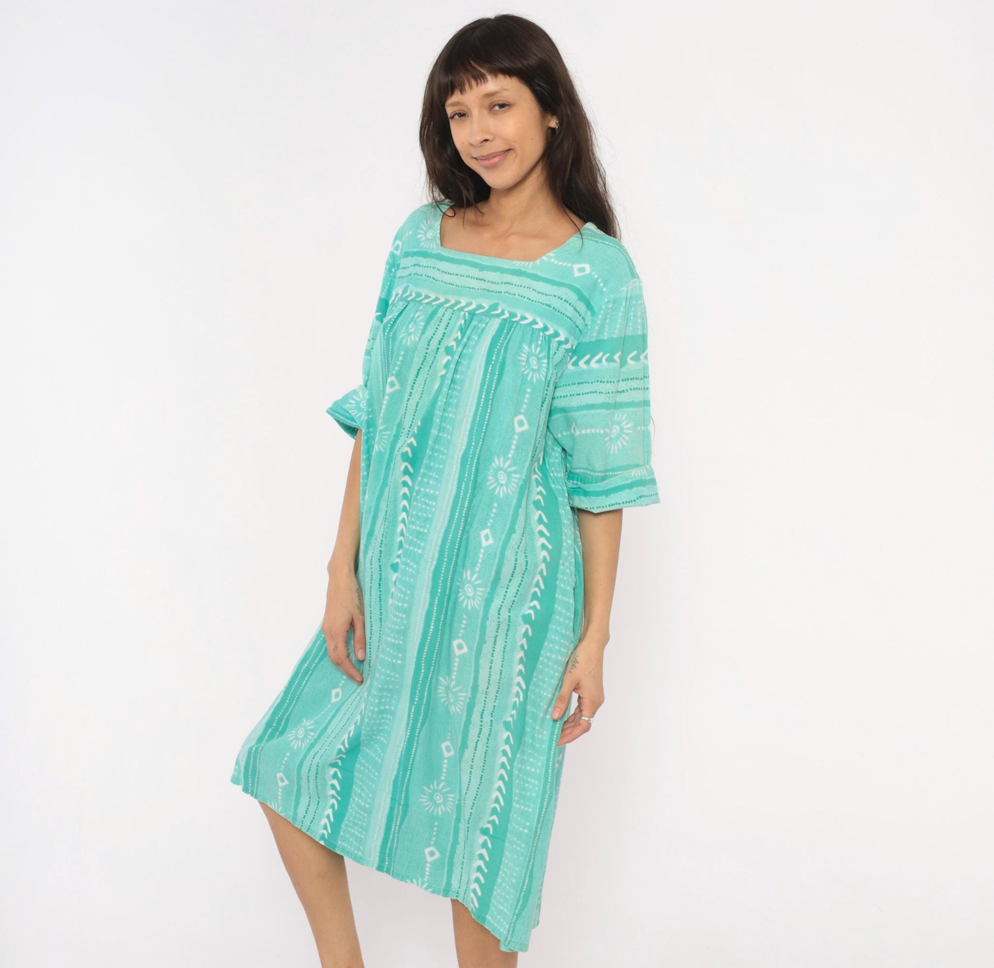80s Styled By Saybury Teal Block Print Cotton Muumuu Midi Dress Plus Size 1X