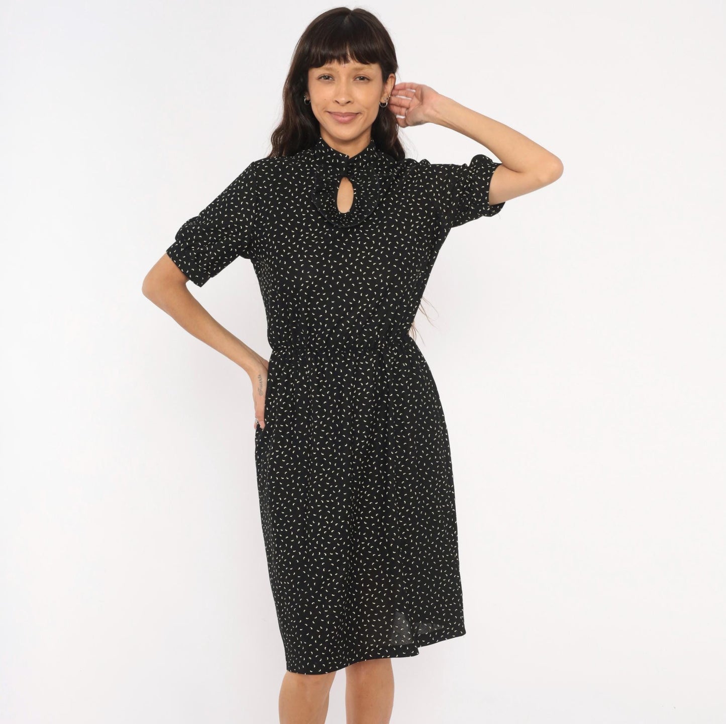 80s Ms Claire Black Cream Keyhole Dress Puff Sleeve Ruffle Bib Medium Large
