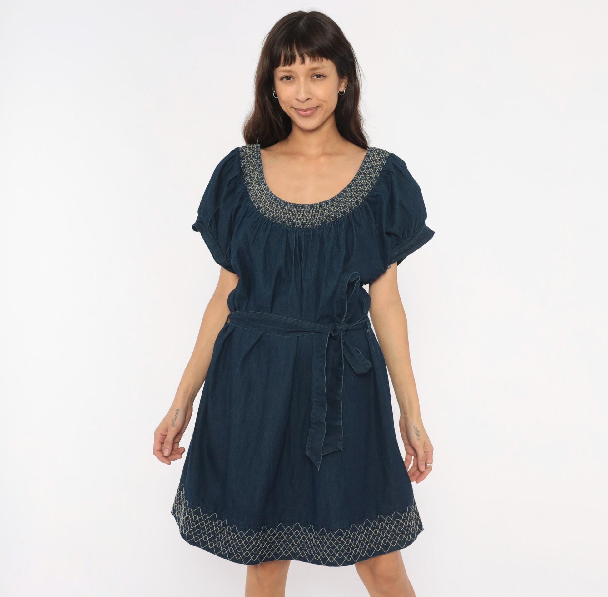 90s Roommates California Navy Denim Mini Dress Puff Sleeve Embroidered Plus Size 3X