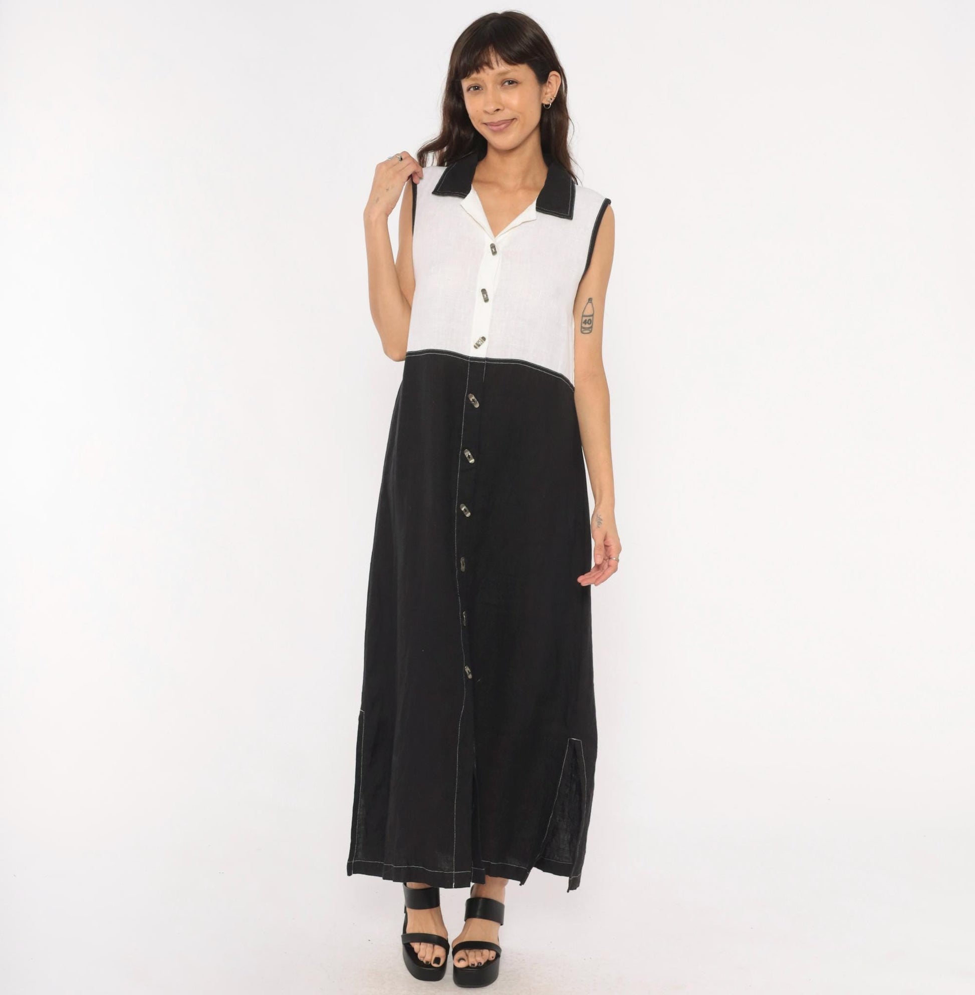 90s Nannette Keller Color Block Maxi Dress Black White Linen Cotton Medium M