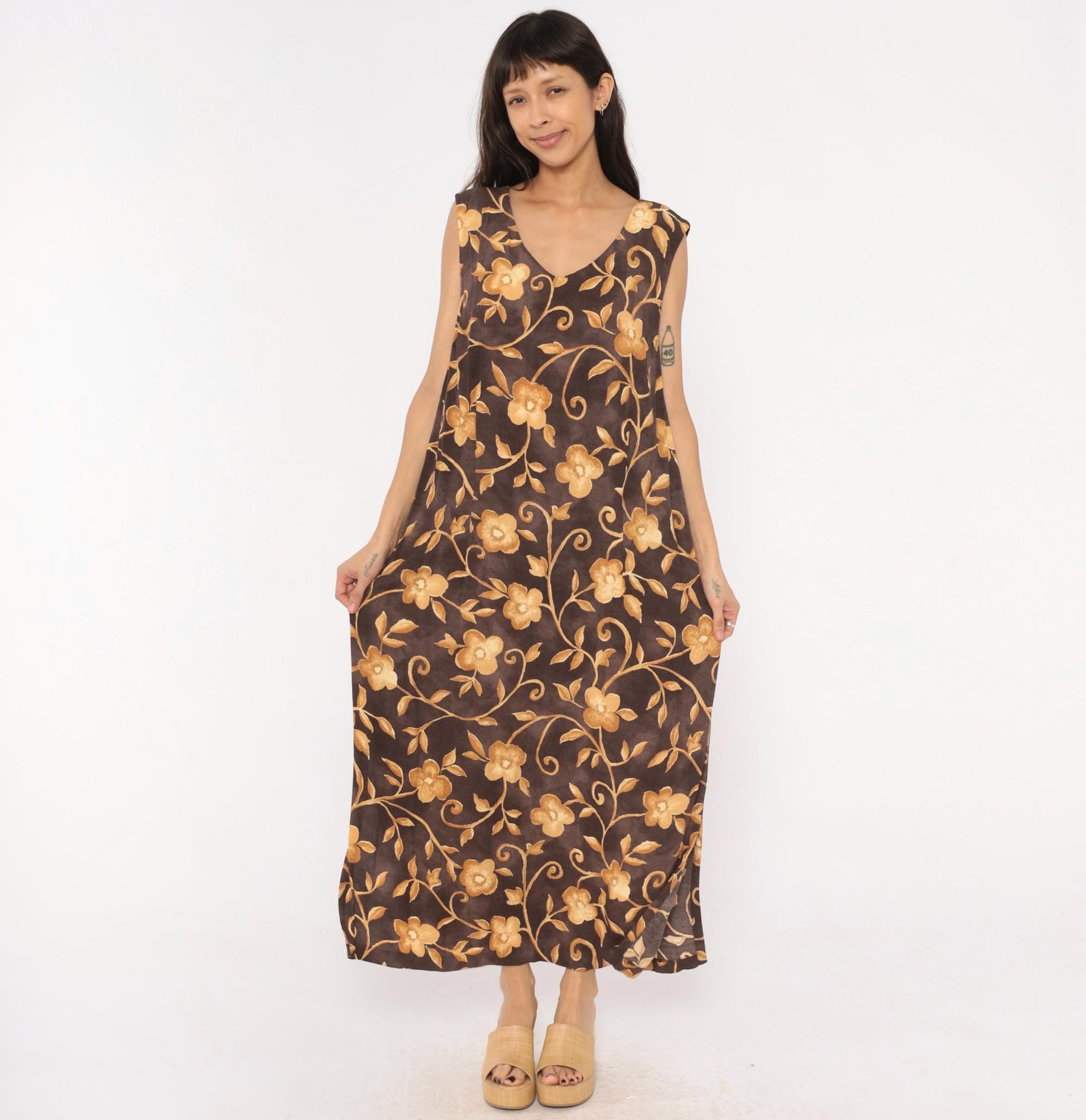 90s AGB Floral Maxi Dress Brown Gold Vine Sleeveless V Neck Plus Size XXL