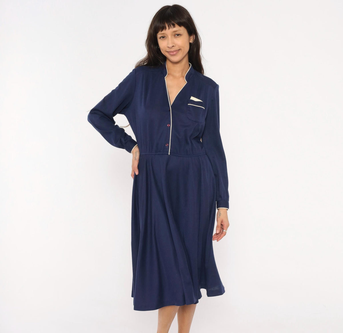 80s Ms. Sugar Navy Cotton Dress V-Neck Button Front Blouson Sleeve Medium Large
