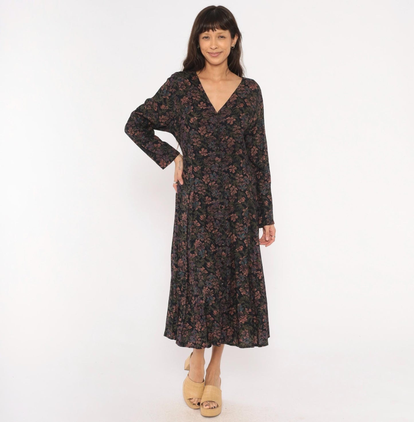 90s Dark Floral Midi Dress V-Neck Button Front Long Sleeve Black Large L