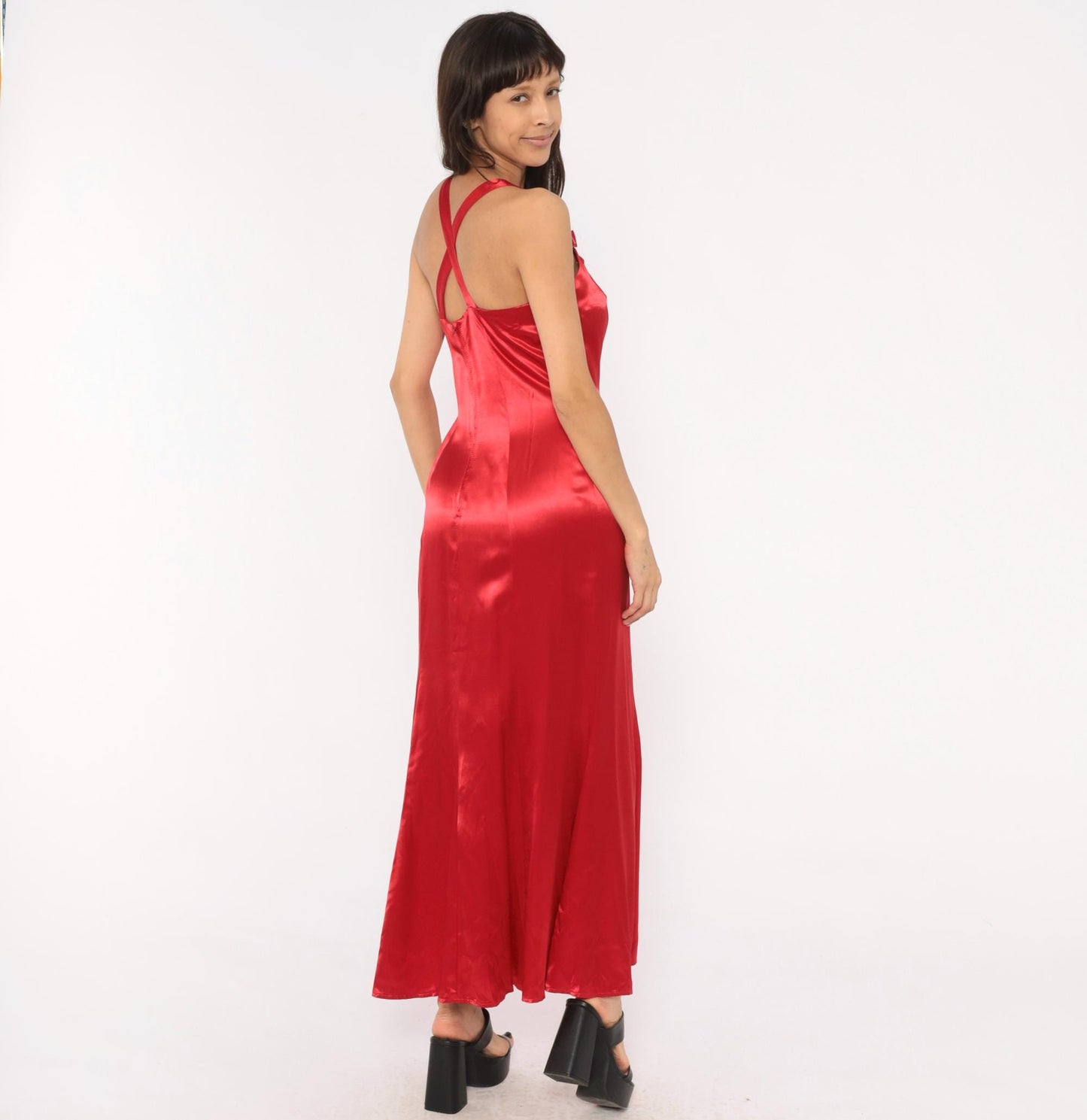 90s Be Smart Red Satin Maxi Slip Dress Bow Strap Crossback Small S