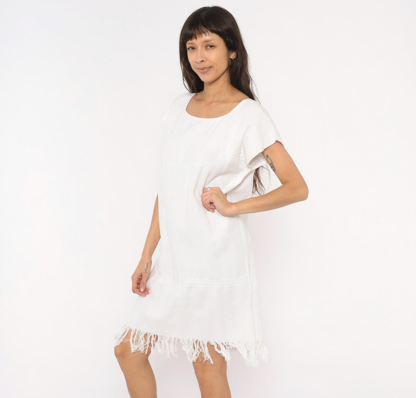 90s Buonarroti White Cotton Handwoven Shift Dress Fringe Hem Medium M