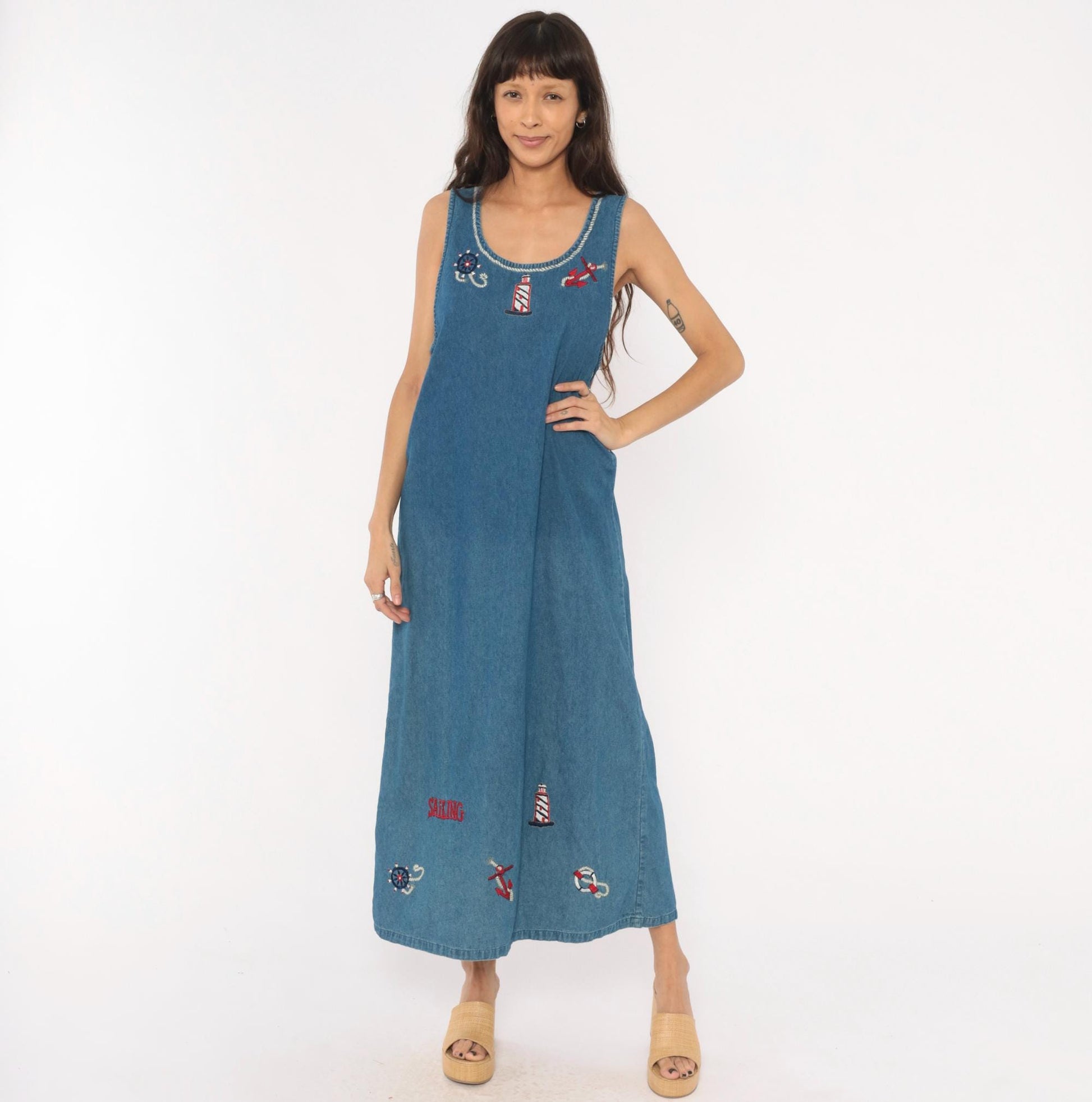 90s Keren Hart Nautical Denim Maxi Dress Embroidered Lighthouse Anchor Medium M