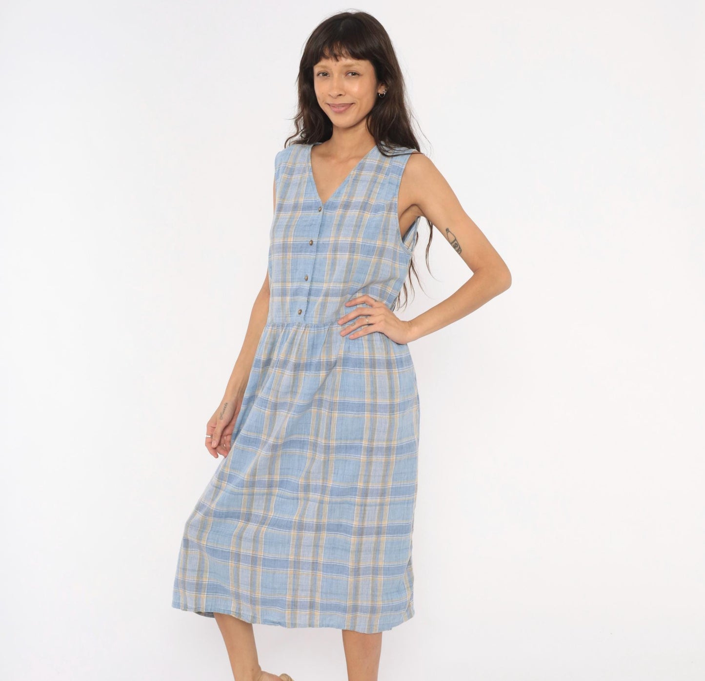 90s Lands' End Blue Plaid Cotton Midi Sundress Button Front Large L