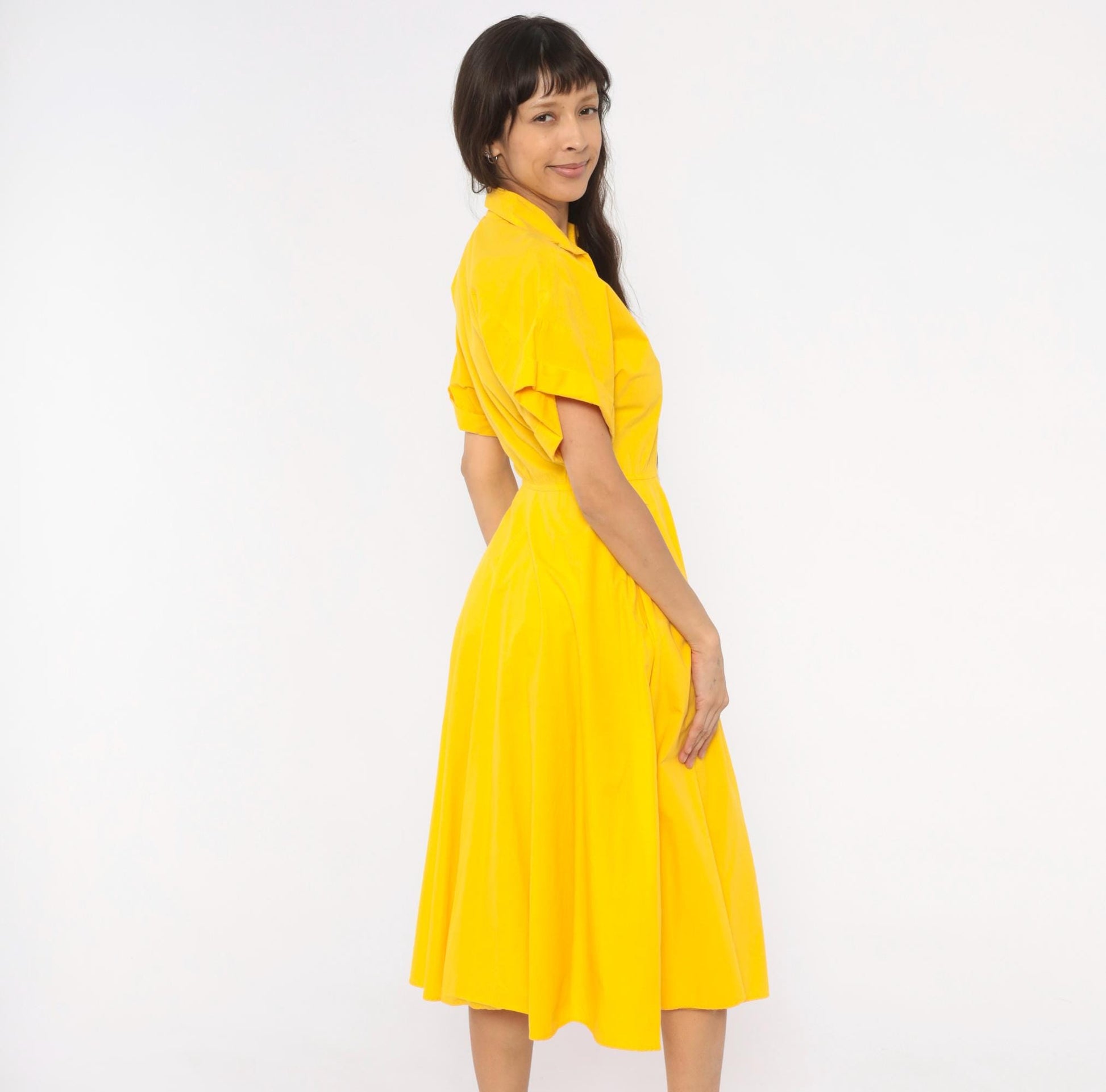 80s Laine Yellow Cotton Shirtdress Midi Collar Pockets Extra Small XS