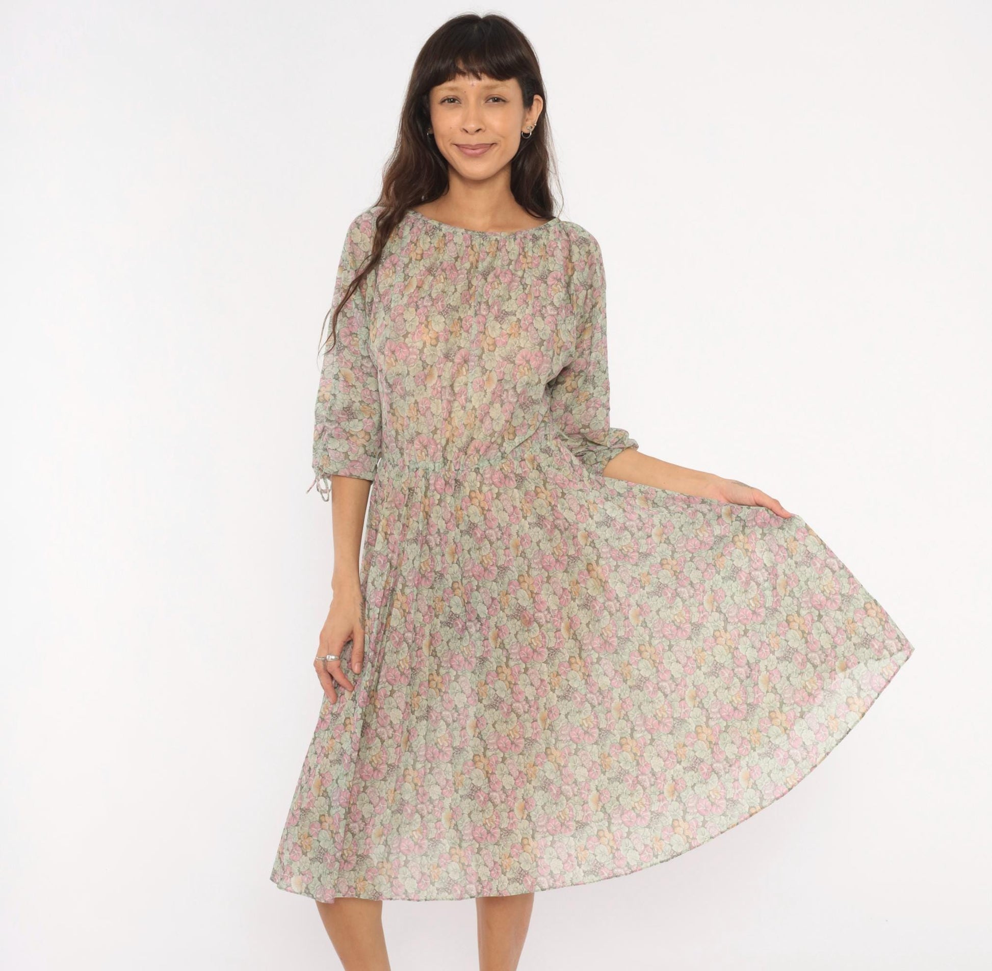 70s Bleeker Petites Floral Blouson Dress Pink Sage Green Tie Sleeve Small Medium