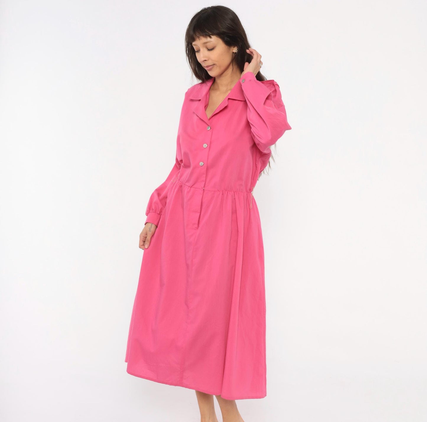 80s Hot Pink Shirtdress Midi Gathered Waist Balloon Sleeve Epaulette Large L