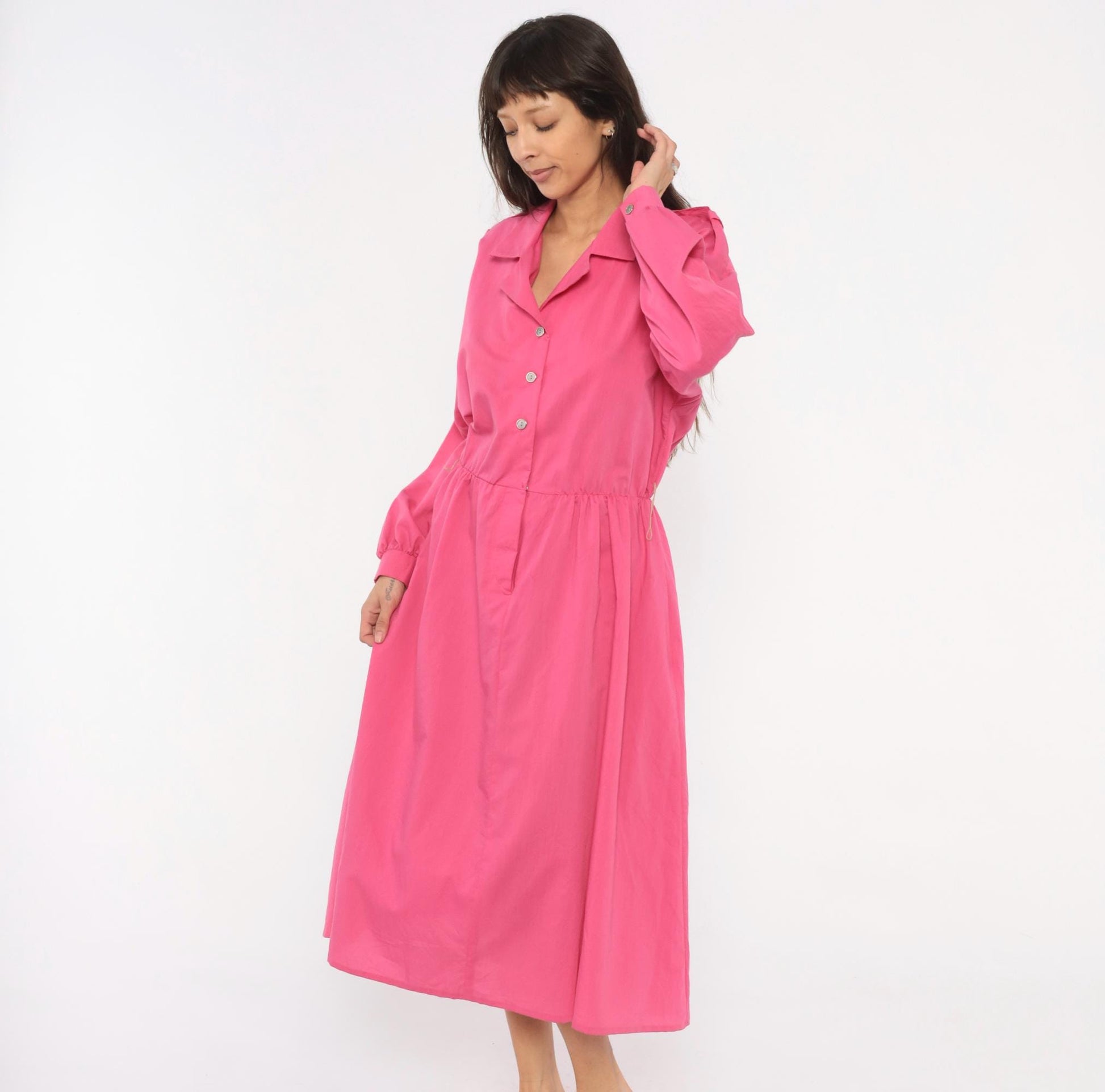 80s Hot Pink Shirtdress Midi Gathered Waist Balloon Sleeve Epaulette Large L