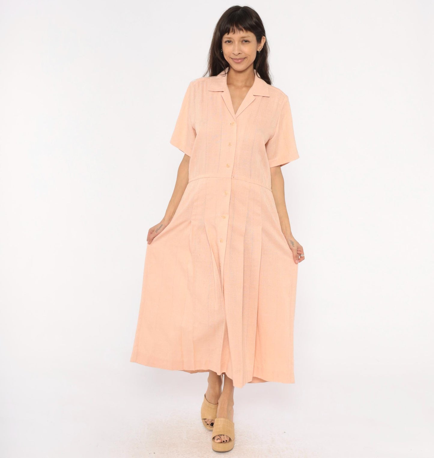80s Peach Cotton Maxi Shirtdress Camp Collar Pleated Prairie Large L