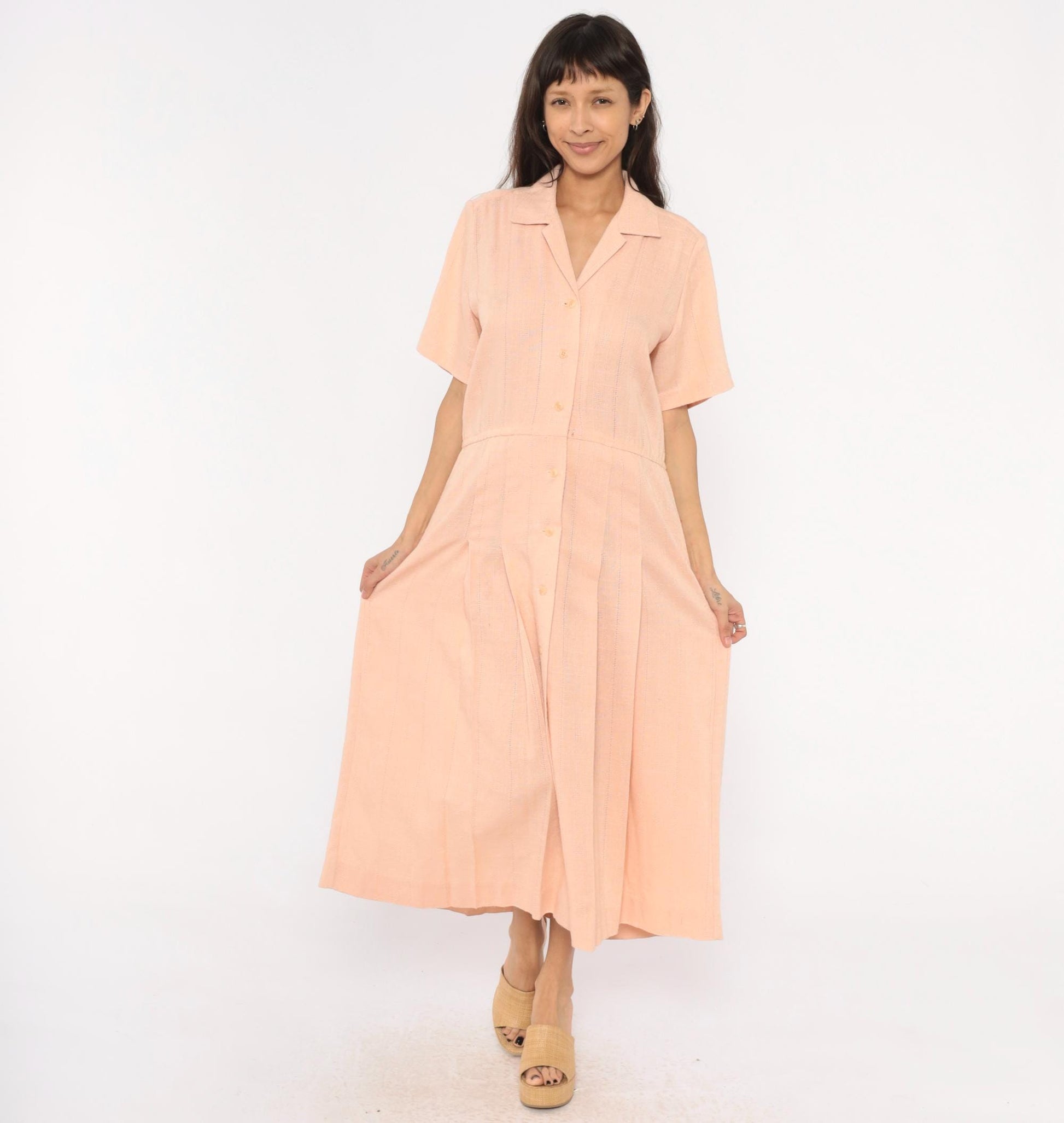 80s Peach Cotton Maxi Shirtdress Camp Collar Pleated Prairie Large L