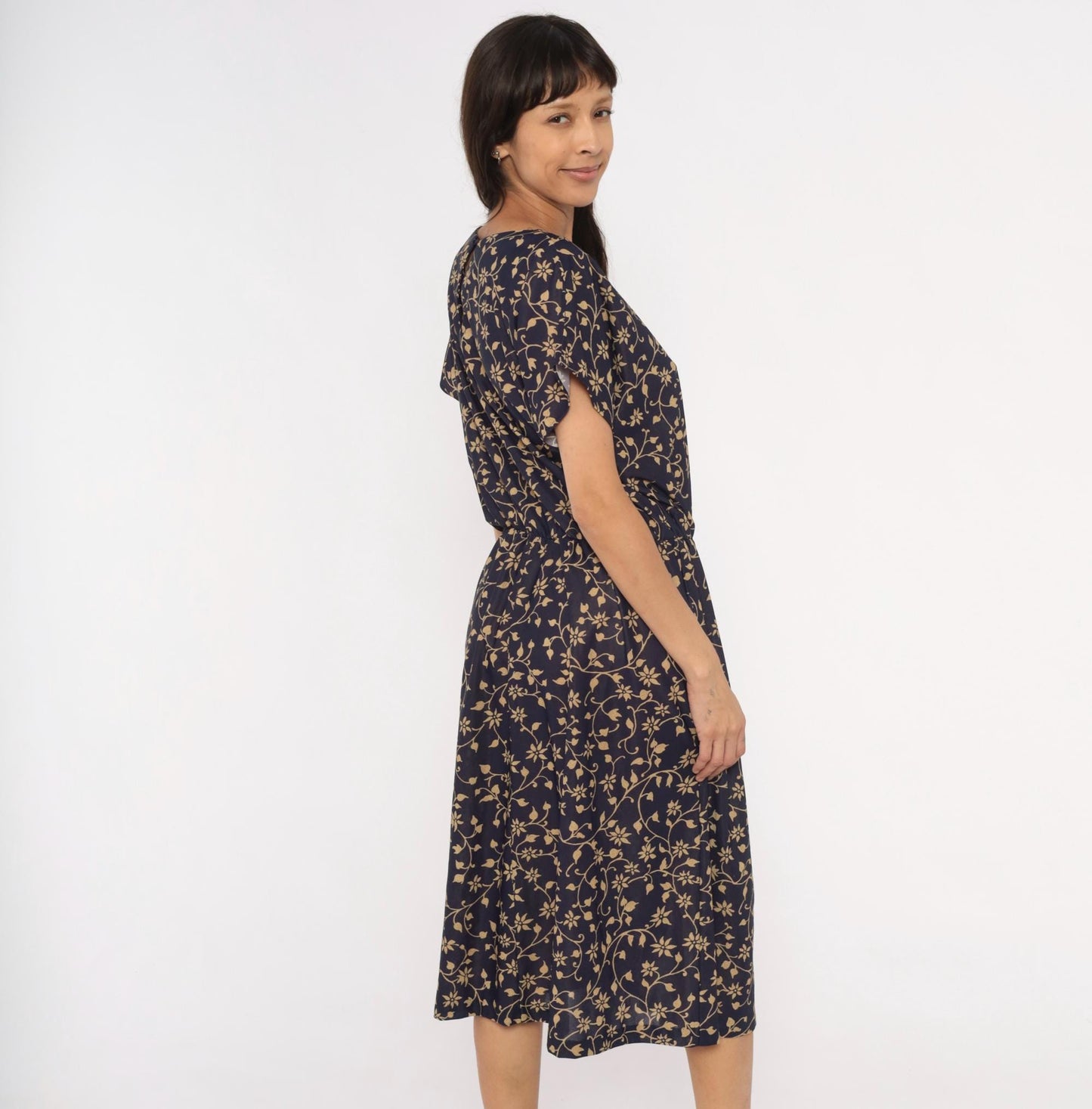 80s Navy Tan Floral Vine Midi Dress Gathered Waist Keyhole Back Extra Large