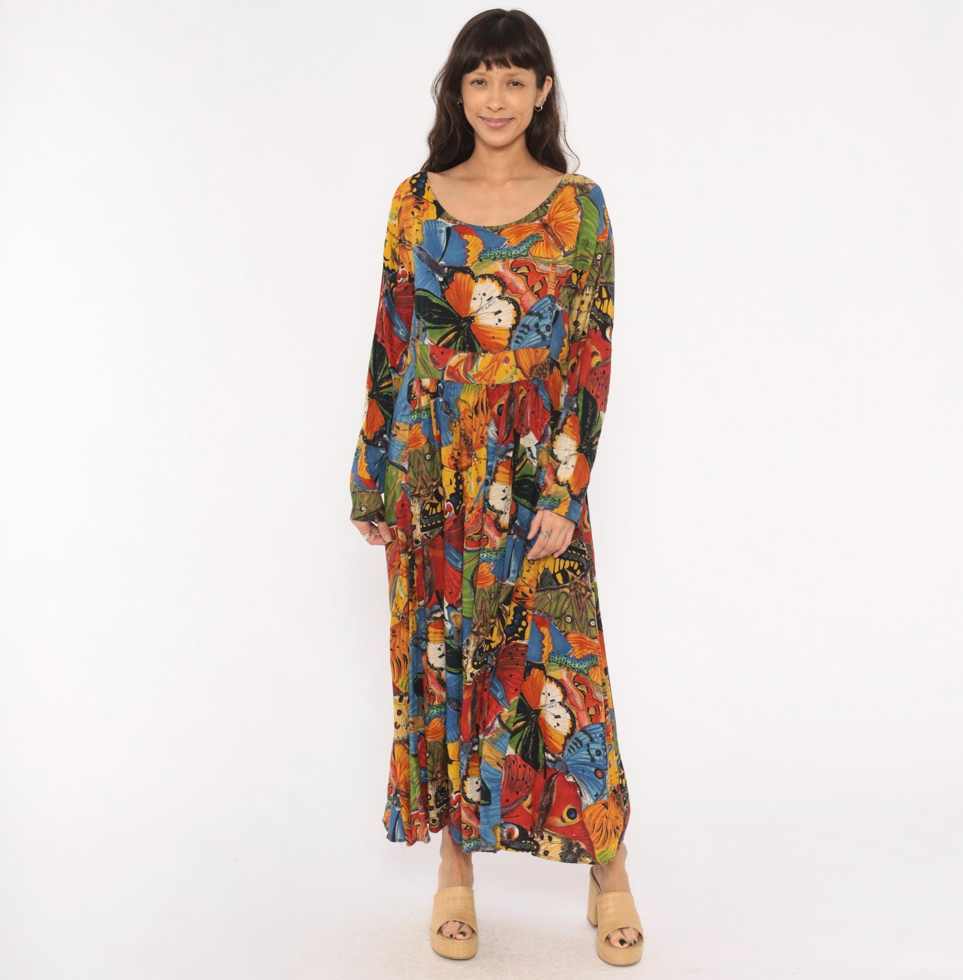 90s We Bebop Butterfly Maxi Dress Empire Waist Long Sleeve Multicolor Extra Large XXL