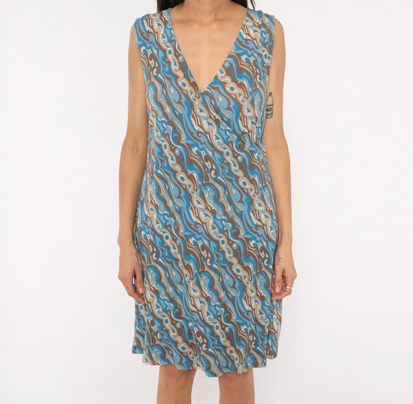 2000s Abstract Swirl Shift Dress V Neck Knee Length Blue Brown Tan Extra Large
