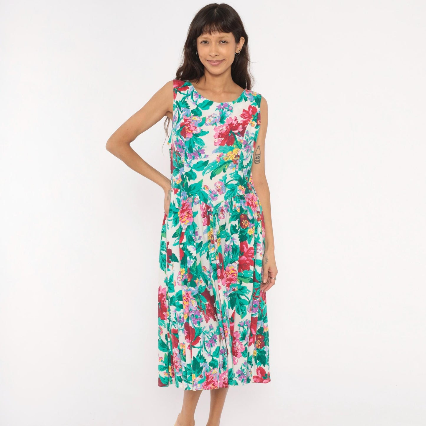 90s Brittany Nicole Floral Midi Sundress Cotton Peony Print Cream Large Petite