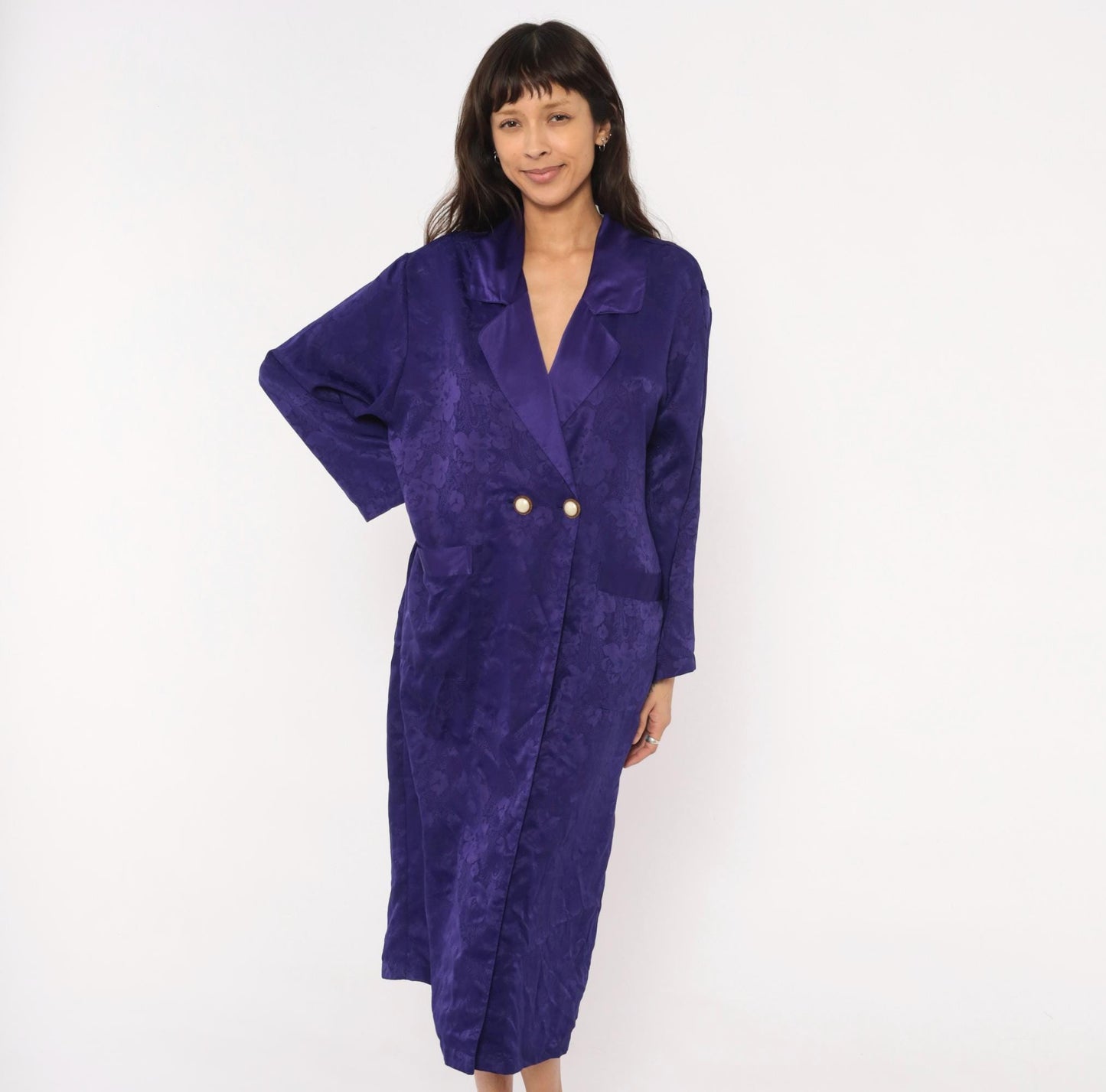 90s Victoria's Secret Purple Jacquard Midi Robe Double Breasted Satin Lapel Small