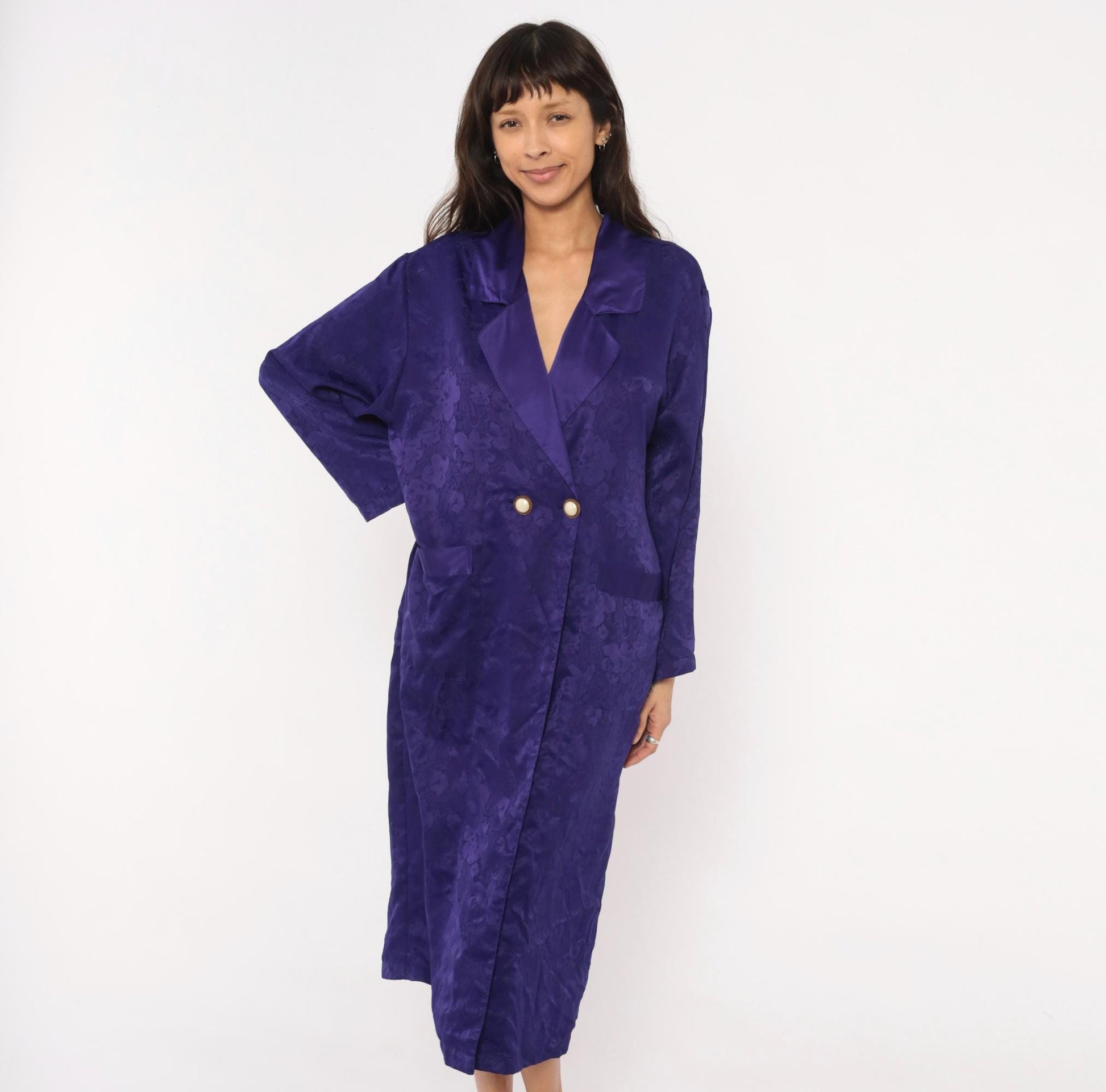 90s Victoria's Secret Purple Jacquard Midi Robe Double Breasted Satin Lapel Small